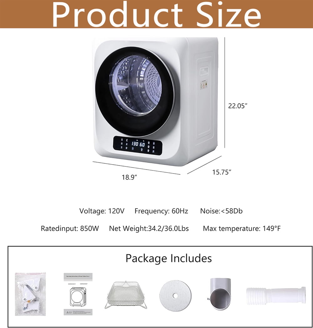 MIDOQIN Portable Clothes Dryer, 120V/850W Compact Laundry Dryer with Exhaust Pipe & LED Touch Control Panel, Front Load Mini Dryer Machine for Apartment