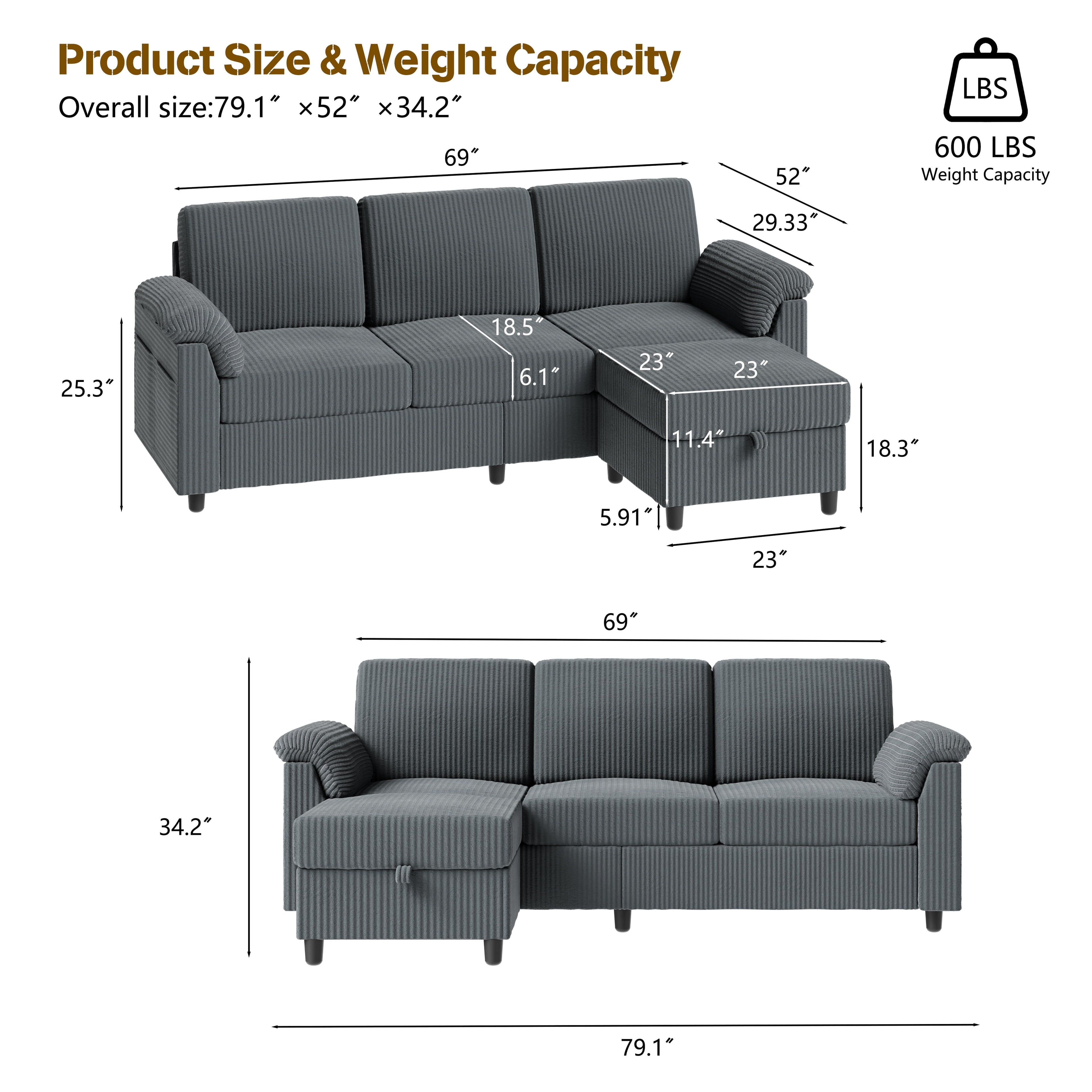 Walsunny 69 Convertible Sectional Sofa Couch with Storage Ottoman,L Shaped Sofa with Removable Pillows & Linen Fabric, Modern 3-Seat Couch with Reversible Storage Chaise,Dark Gray