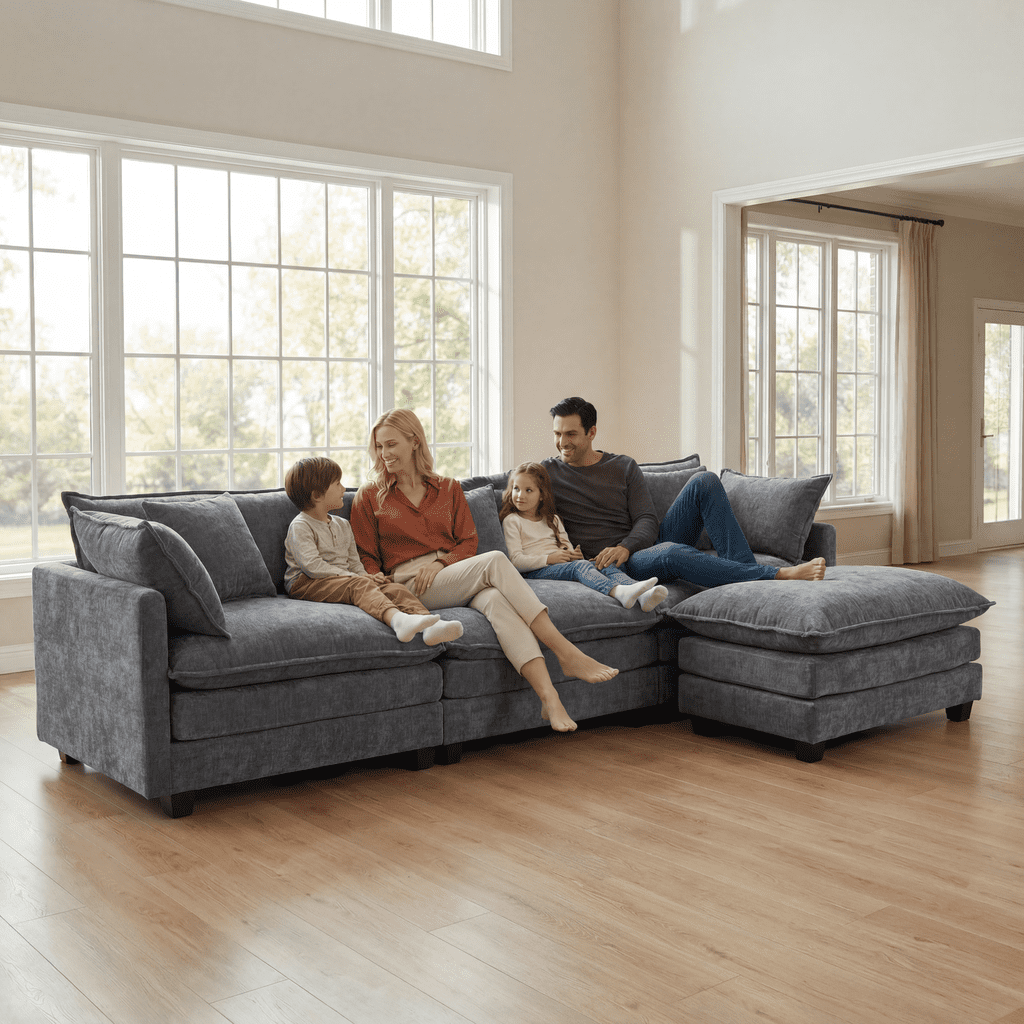 Dioepic Cloud Chenille 3-Seat Living Room Sectional Sofa Modern Cloud Couch 111.4 with Ottoman & 3 Pillows, Grey
