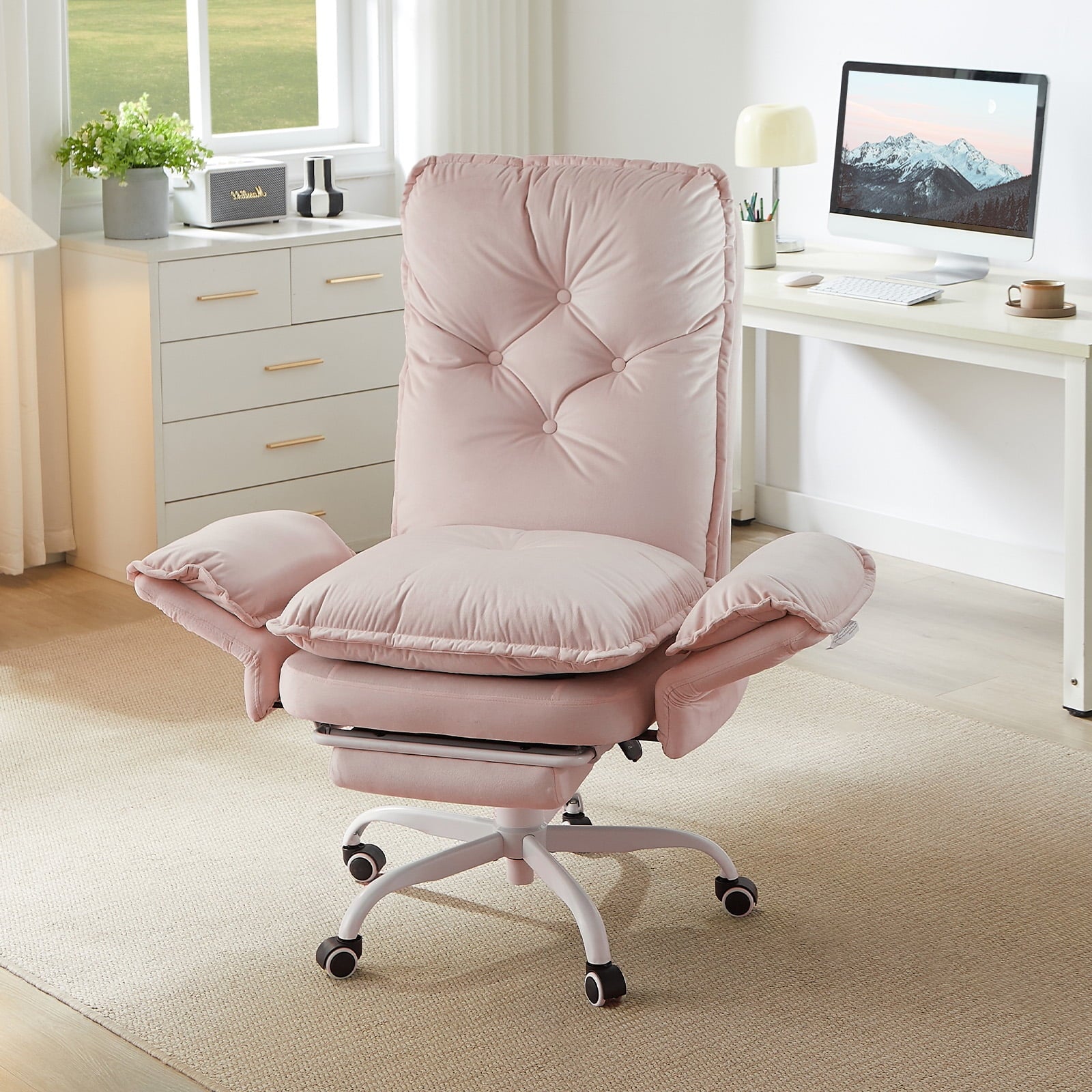 Bestier Big and Tall Executive Office Chair with Flip-up Arms for Adult, Wide Seat Ergonomic Computer Desk Chair,High Back Velvet Comfy Cross-Legged Office Chair with Footrest and Side Pockets, Black