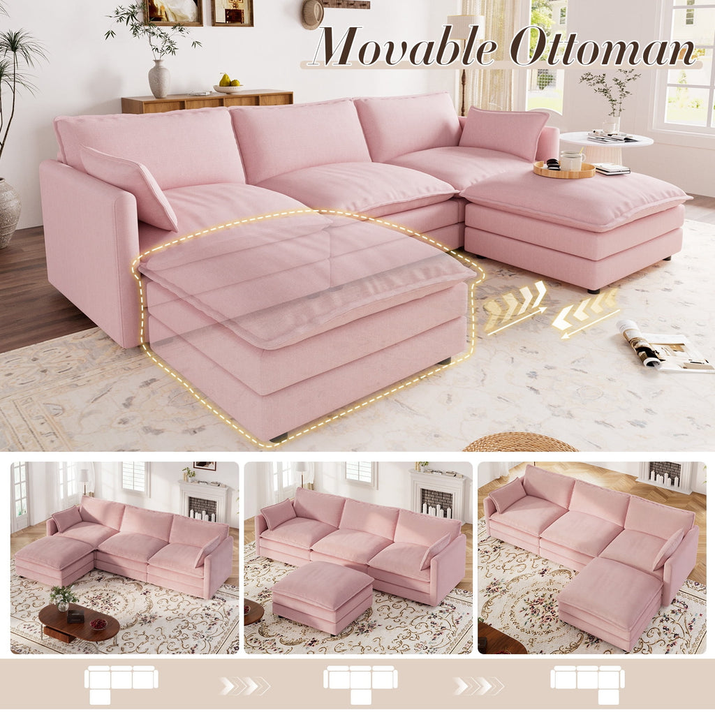 Muumblus Sectional Sofa Cloud Couch with Reversible Ottoman, L-Shaped Chenille Sofa for Living Rooms, Beige