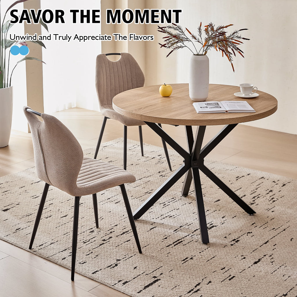 5 Piece 39 Round Dining Table Set for 4, Mid Century Kitchen Table with 4 Khaki Fabric Upholstered Dining Chairs for Apartment Living Room, Space Saving Table.