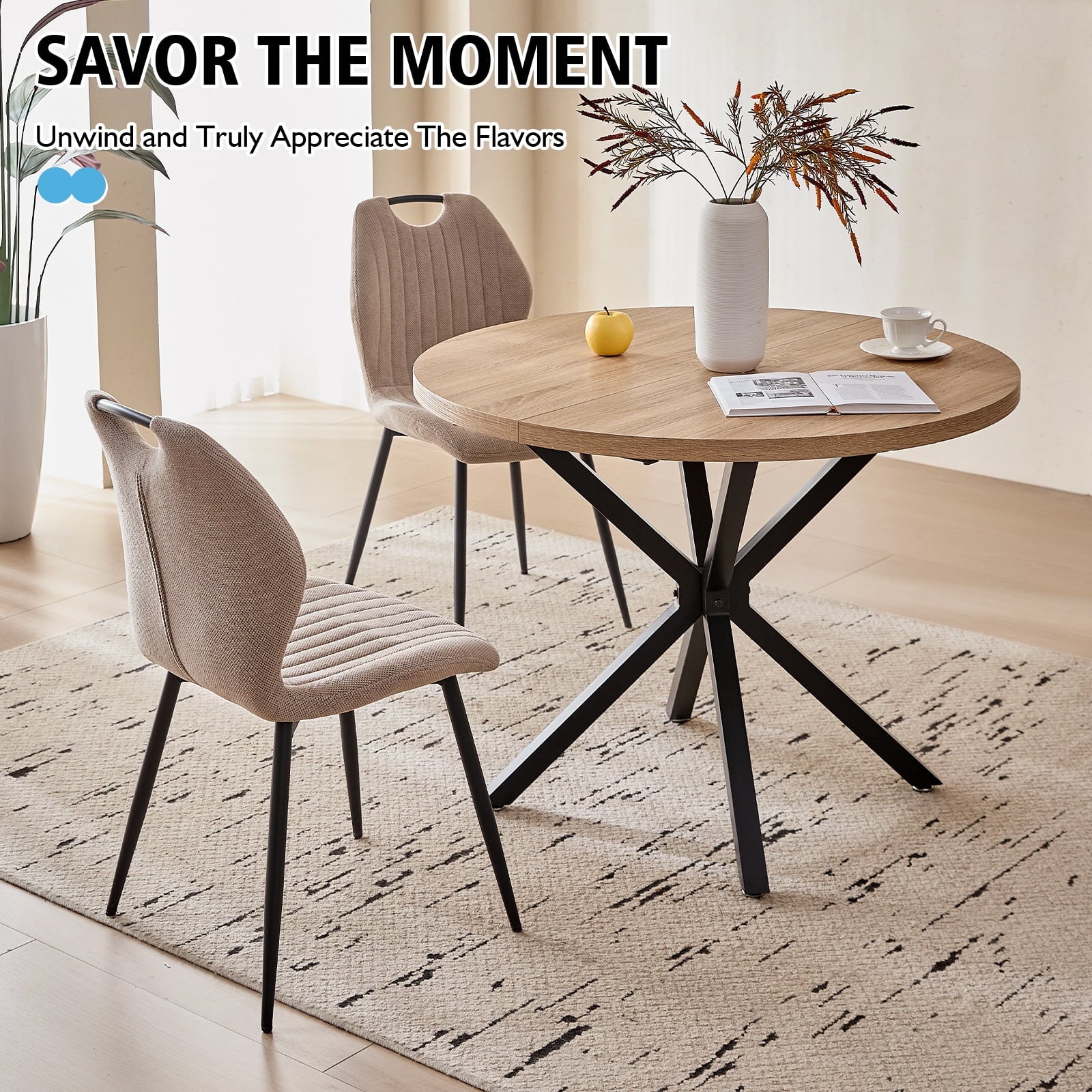 5 Piece 39 Round Dining Table Set for 4, Mid Century Kitchen Table with 4 Khaki Fabric Upholstered Dining Chairs for Apartment Living Room, Space Saving Table.