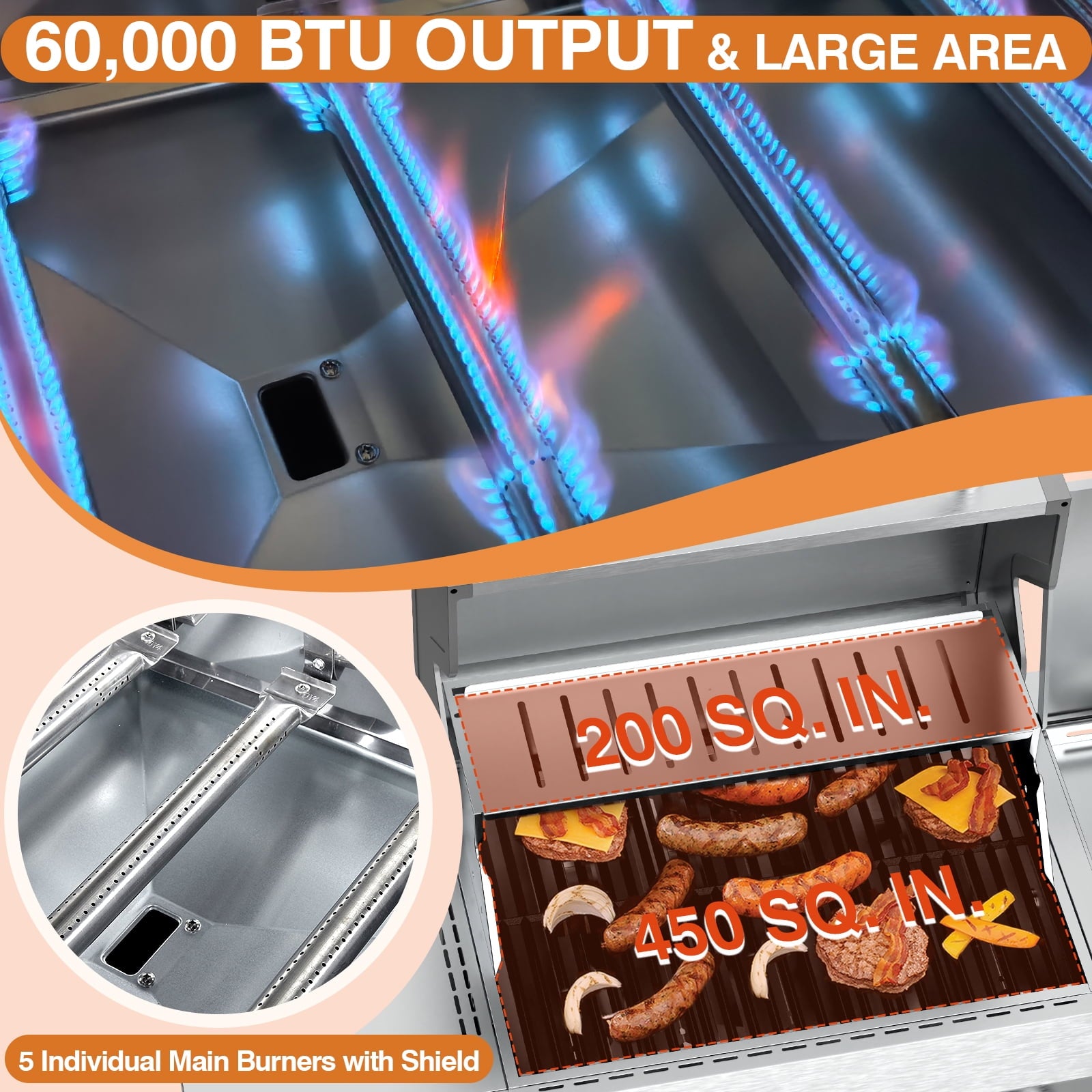 SIXDAY 68,000 BTU 5-Burner Propane Gas Grill with Side Burner, 647 sq.in Cooking Area, Stainless Steel BBQ Grill with Warming Rack and Food Clip