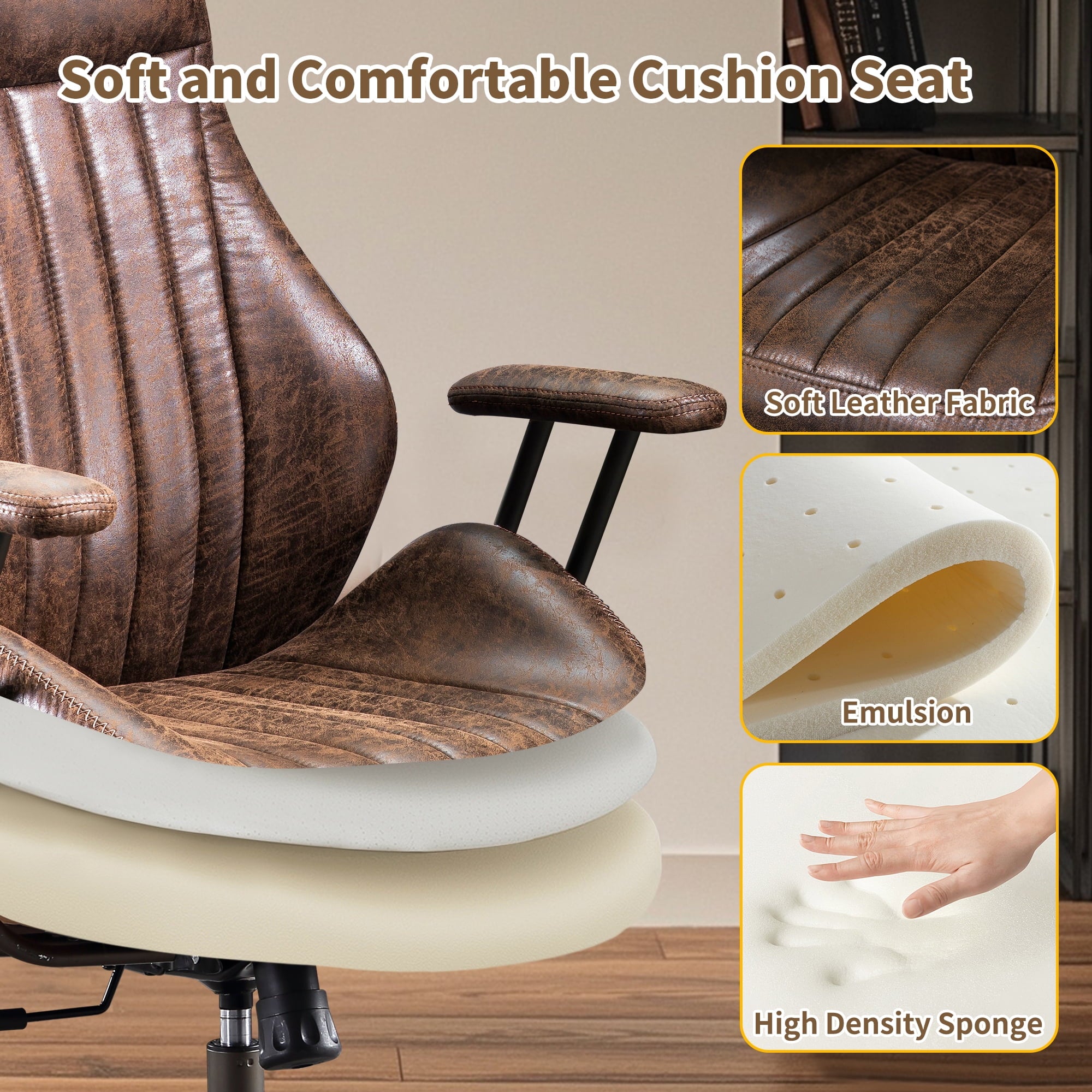 Toject Ergonomic Office Chair, High Back Big Comfy Home Office Chair with Lumbar Support, Mid-Century Modern Computer Executive Office Chair, Brown