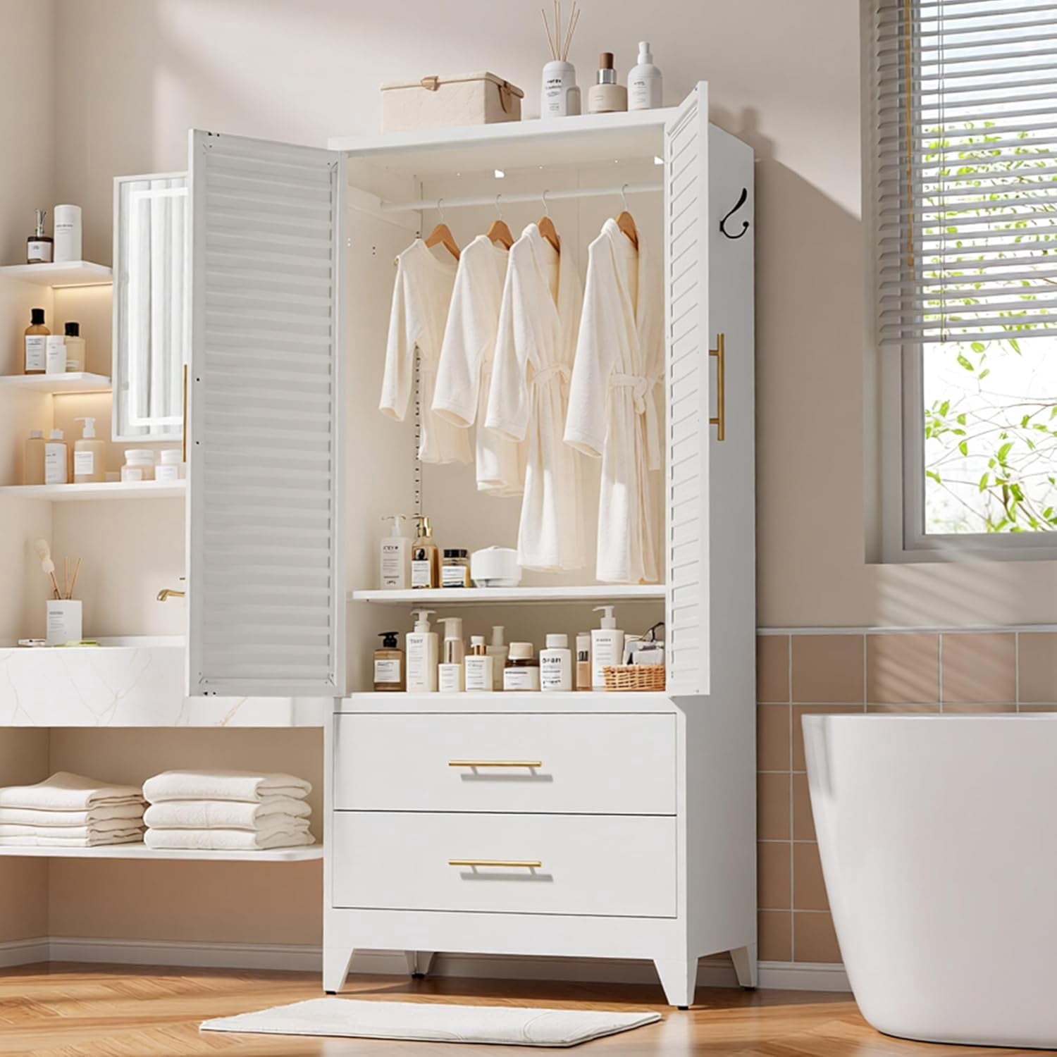 IKIMI 71H Metal Armoire Wardrobe Closet with Adjustable Hanging Rod and Drawers, Clothing Storage Cabinet for Bedroom, Bathroom, White