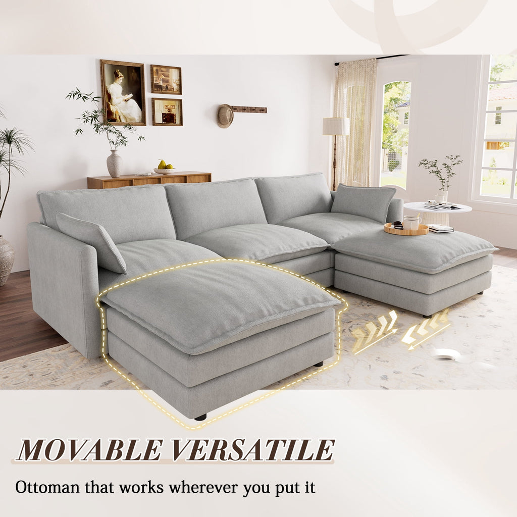 Muumblus Sectional Sofa Cloud Couch with Reversible Ottoman, L-Shaped Chenille Sofa for Living Rooms, Beige
