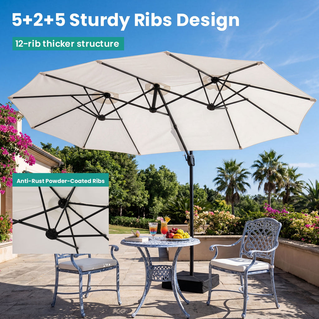 MOALCOFER 15 x 9 FT Double Sided Patio Umbrella with Base Included, Outdoor Rectangular Market Umbrella with Crank Lift, 12 Reinforced Ribs， Khaki