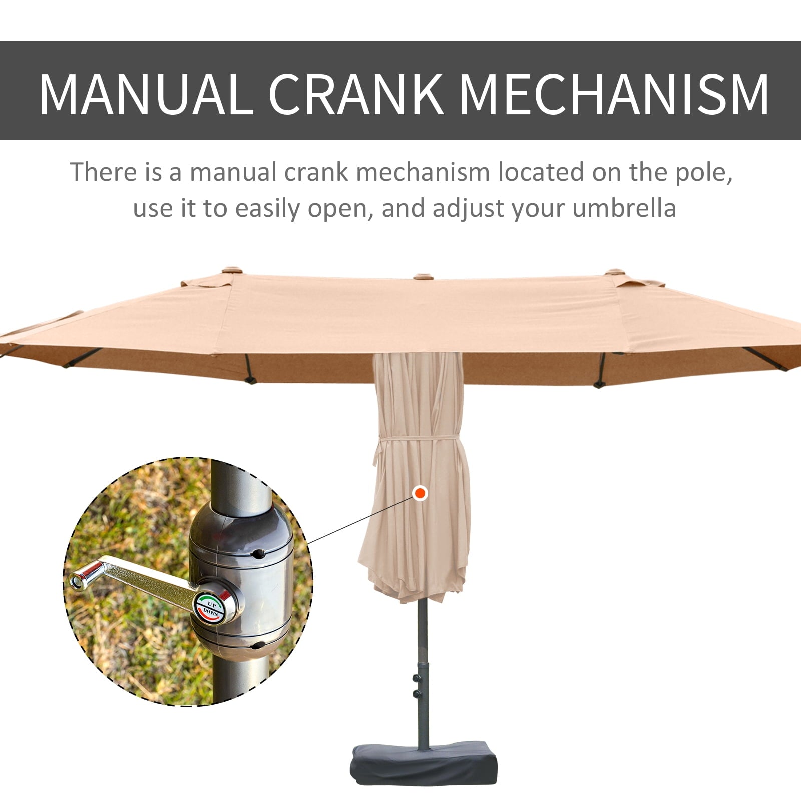 Outsunny Patio Umbrella 15' Steel Rectangular Outdoor Double Sided Market with base, Sun Protection & Easy Crank for Deck Pool Patio, Beige
