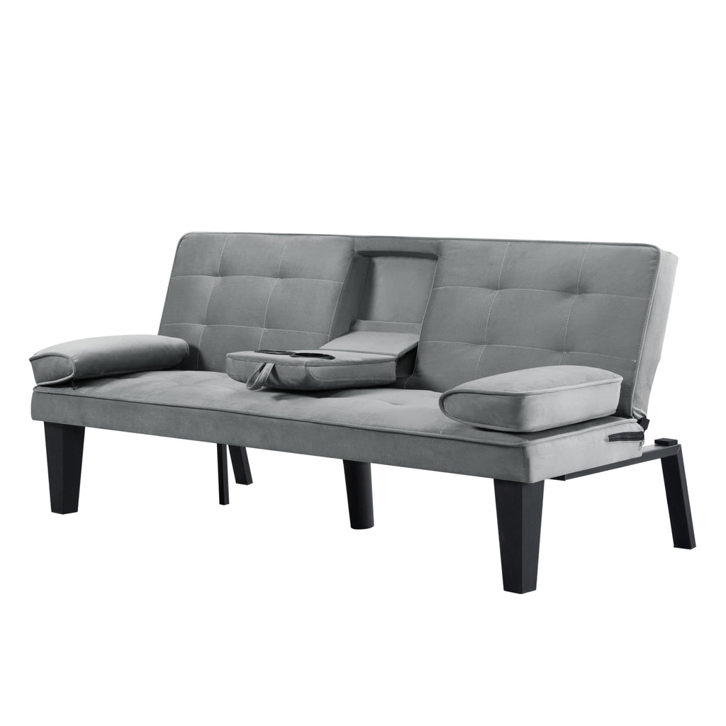 BSHTI 65 Modern Velvet Futon Sofa Bed with Drop Down Cup Holders, 3-Position Adjustable Backrest, Removable Arm Cushions, Chrome Legs for Living Room & Guest Room Black