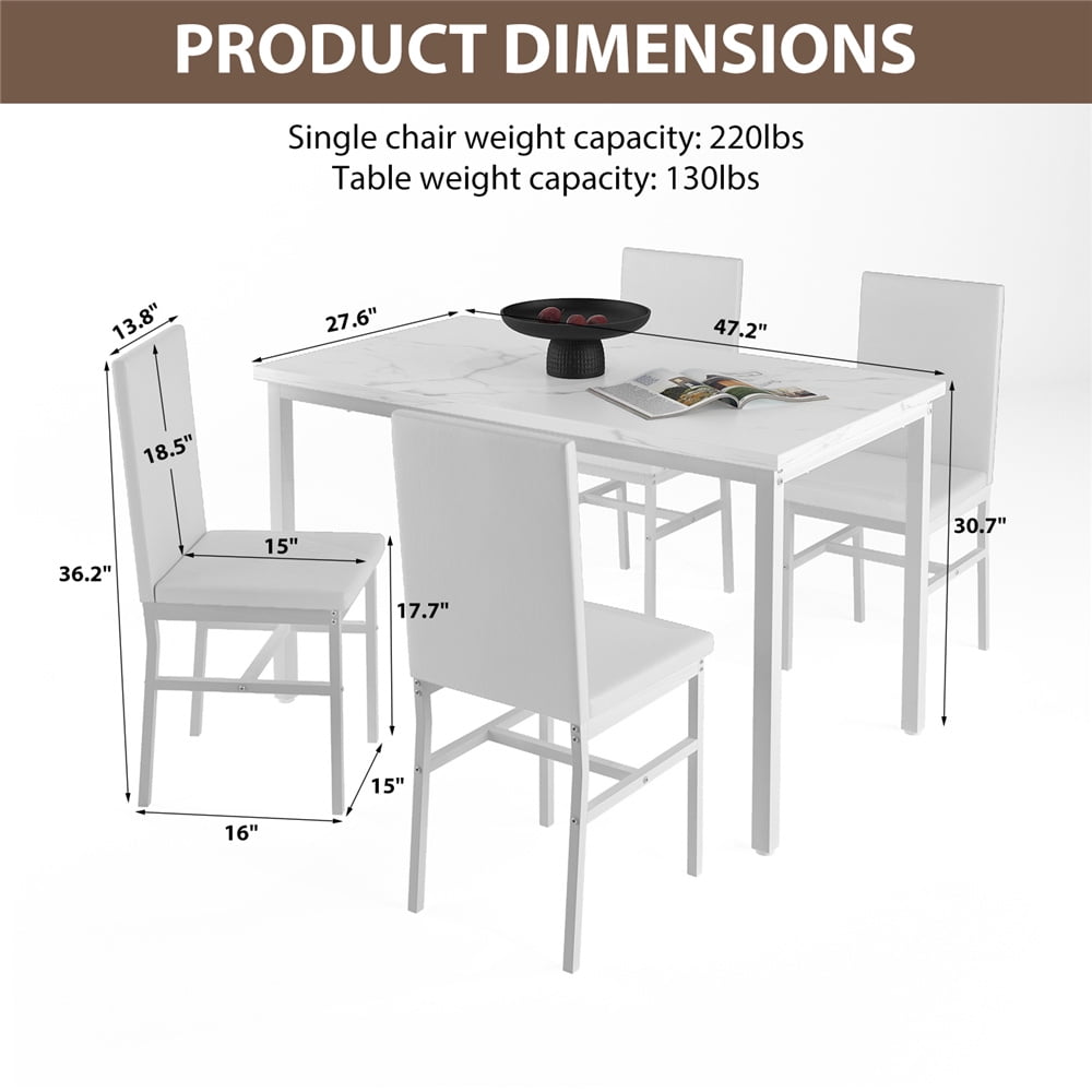UHOMEPRO Dining Table Set for 4, 5 Piece Dining Room Table Set with Gray Velvet Upholstered Chairs, White Faux Marble Pattern Rectangle Kitchen Table Set for Breakfast Nook Small Space