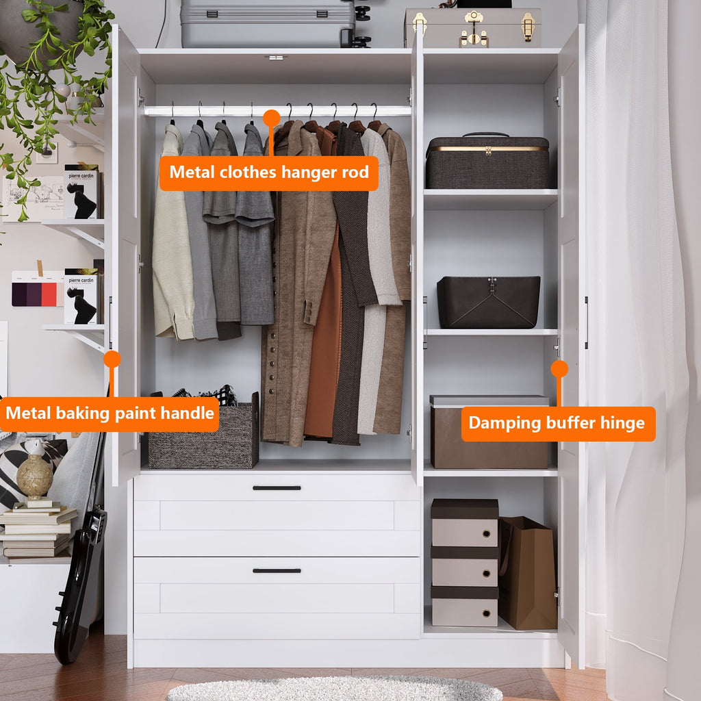 3 Doors Wooden Wardrobe Closet Armoire, White Storage Cabinet for Hanging Clothes, Bedroom Large Capacity Freestanding Armoire,Wood Wardrobe Combination with Shelves