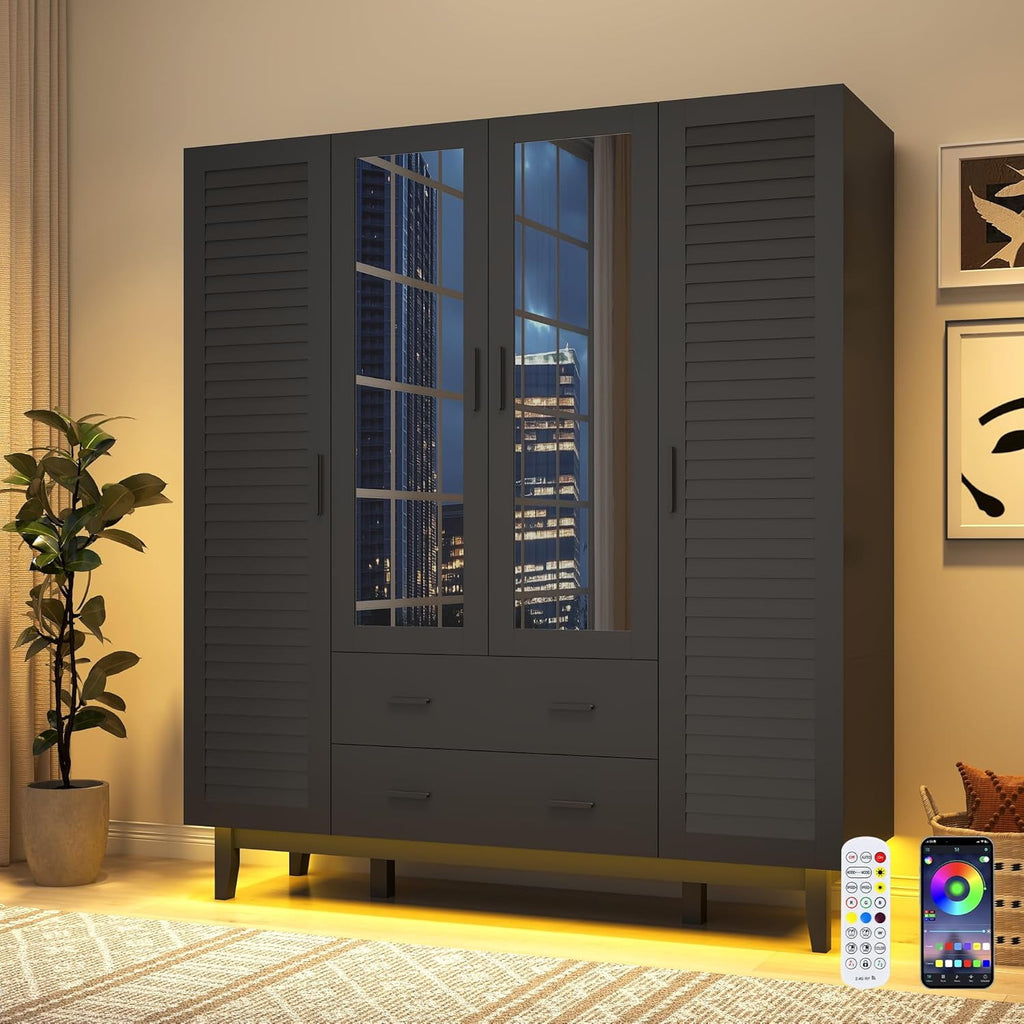 Blotout 70 Armoire Wardrobe Closet with Mirror & LED Lights, LED White Louver Door Wardrobe Armoire with 3 Drawers & Hanging Rods, Large 3 Doors Armoire Storage with Multi-Layer Shelves