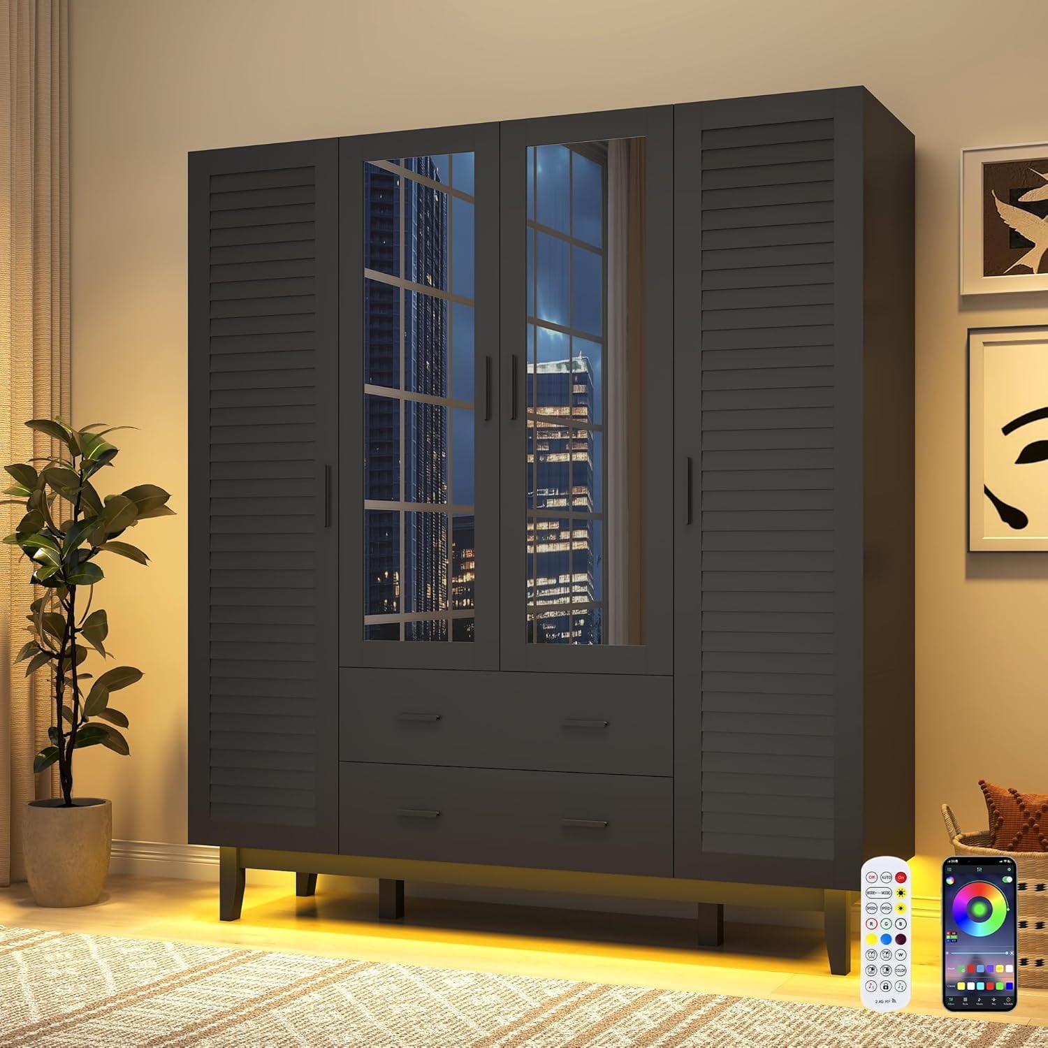Blotout 70 Armoire Wardrobe Closet with Mirror & LED Lights, LED White Louver Door Wardrobe Armoire with 3 Drawers & Hanging Rods, Large 3 Doors Armoire Storage with Multi-Layer Shelves