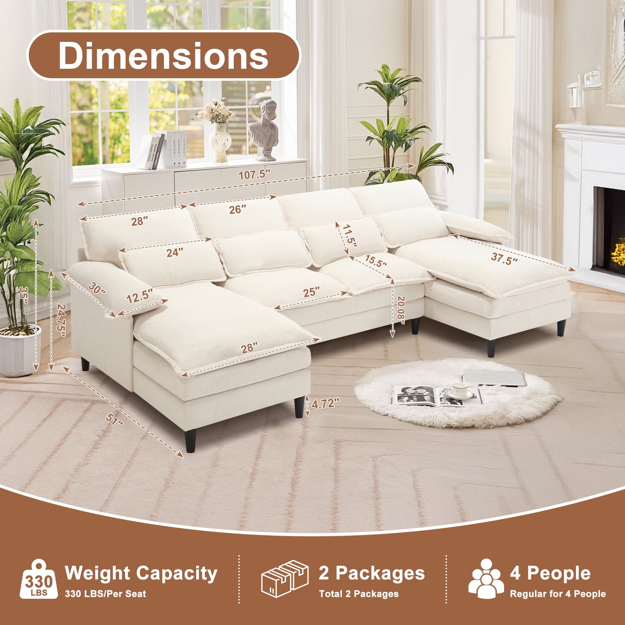 JONPONY109.45 U Shaped Couch,Oversized 4 Seat Sectional with 4 Waist Pillows, Convertible Upholstery Symmetrical Sofá,Sleeper Sofa Couch with Double Chaise Lounge &Memory Foam for Living Room, Beige