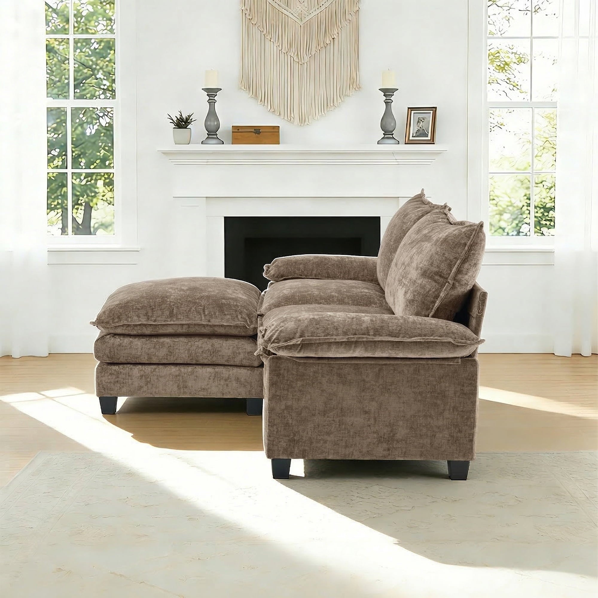 Ktaxon Sectional Sofa L Shaped Couch with Chaise Living Room Sleeper Set, 2 Seats with Chenille and Double Layer Cushions 86 W Beige