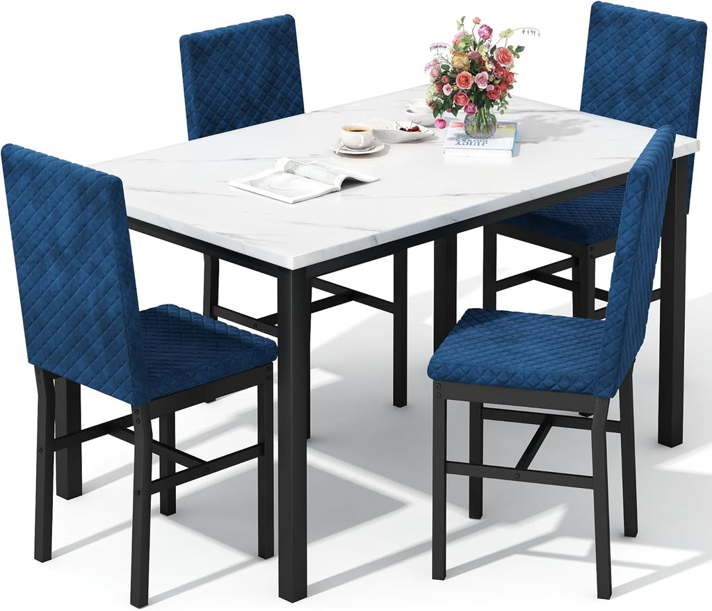 Cvortll 5 Piece Dining Table Set, Kitchen Table and Chairs Set for 4 with Faux Marble and 4 Velvet Upholstered Dining Chairs for Home, Restaurant, Black & Black