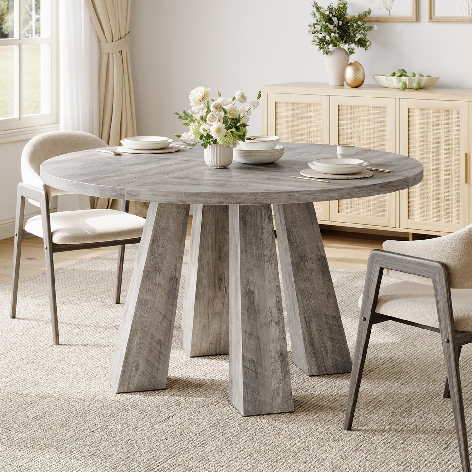 47 Round Farmhouse Dining Table for 4 | Sturdy Kitchen Table & Breakfast Nook Centerpiece Space-Saving Design for Dining Room (Table Only)