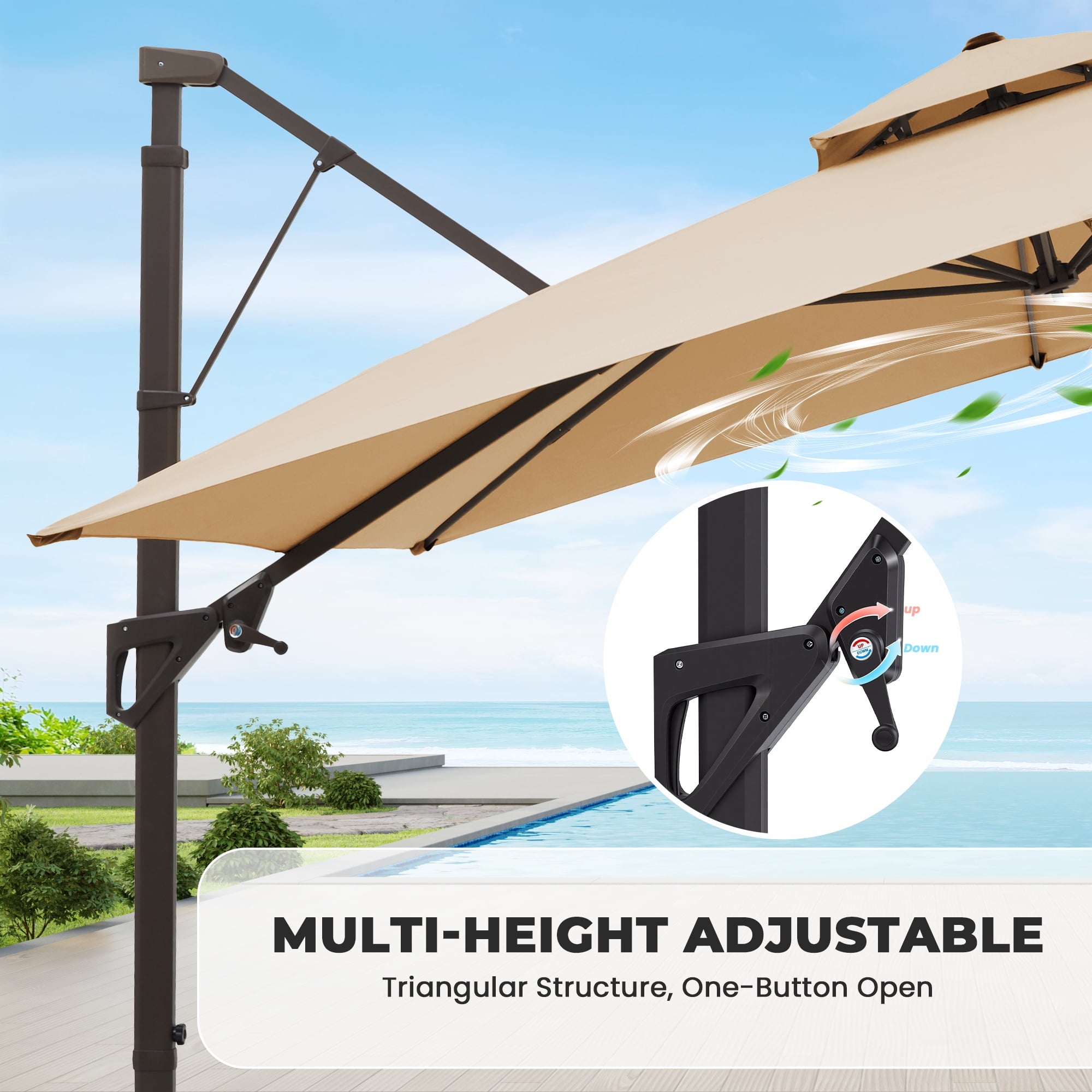 FUNDAZE 10x10ft Cantilever Patio Umbrella with Cross Base & Cover, Waterproof UV Resistant for Garden Poolside Cafe & Deck, Beige