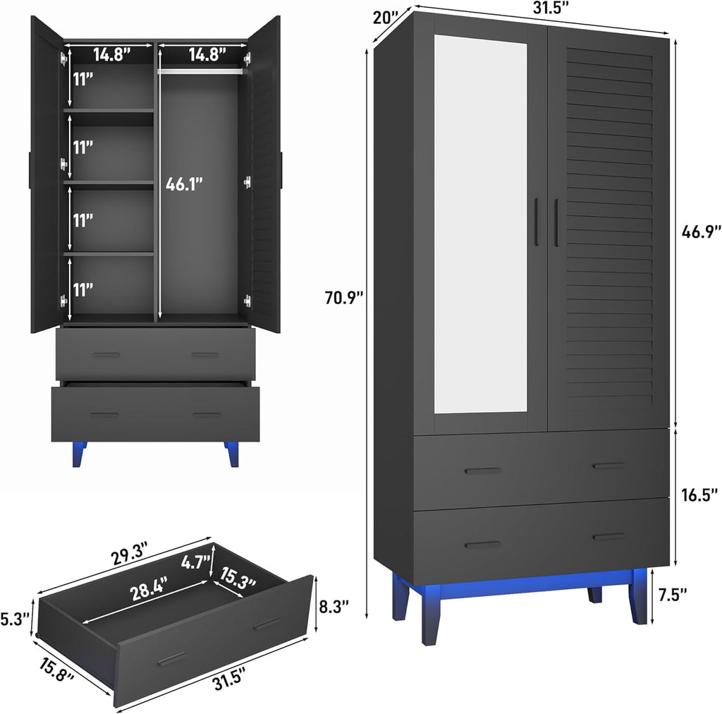 Blotout 70 Armoire Wardrobe Closet with Mirror & LED Lights, LED White Louver Door Wardrobe Armoire with 3 Drawers & Hanging Rods, Large 3 Doors Armoire Storage with Multi-Layer Shelves