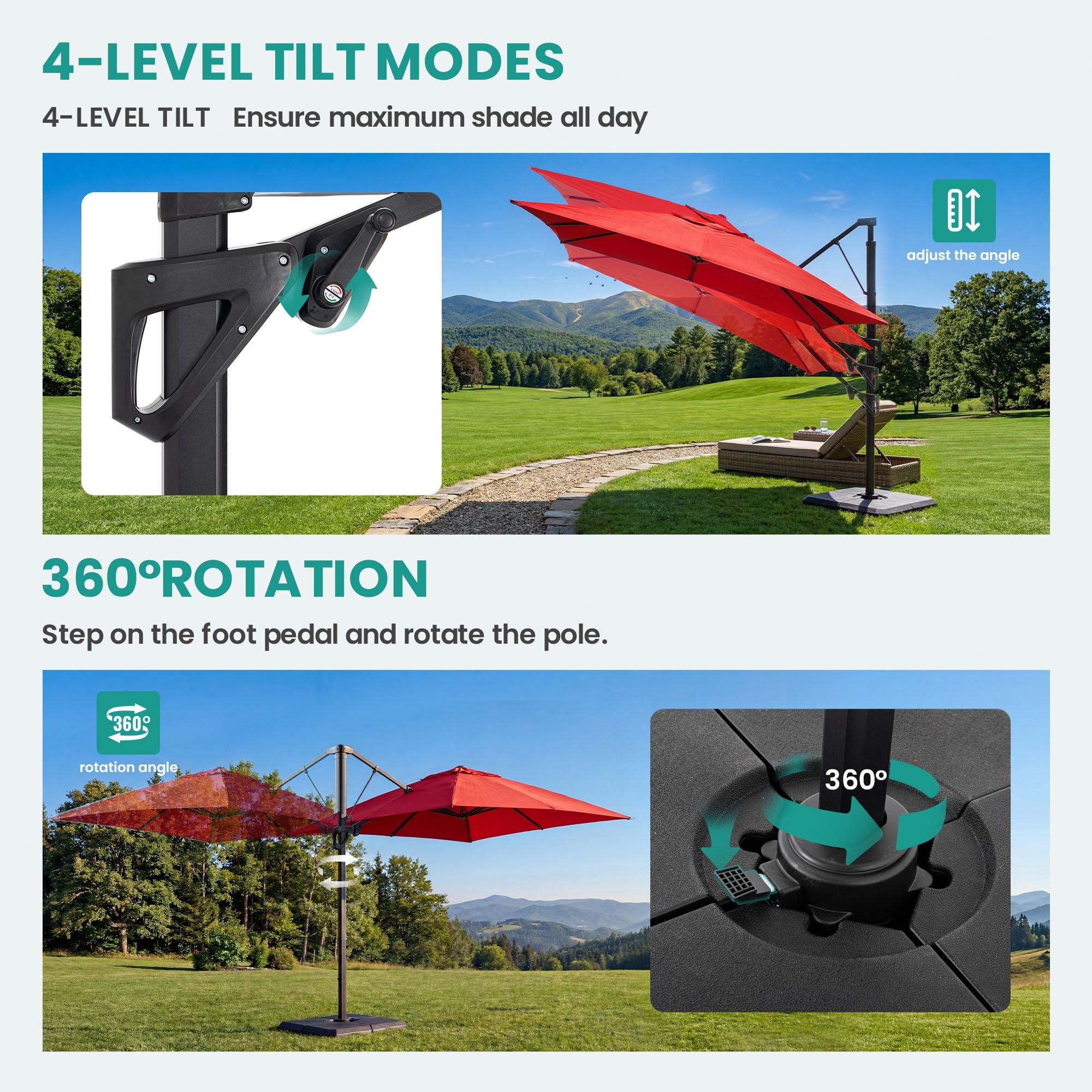 MOALCOFER 10x13FT Outdoor Offset Cantilever Patio Umbrella with 360° Rotation, 8 Ribs, Crank & Tilt, Large Hanging Sun Shade for Backyard, Deck, Poolside,Red