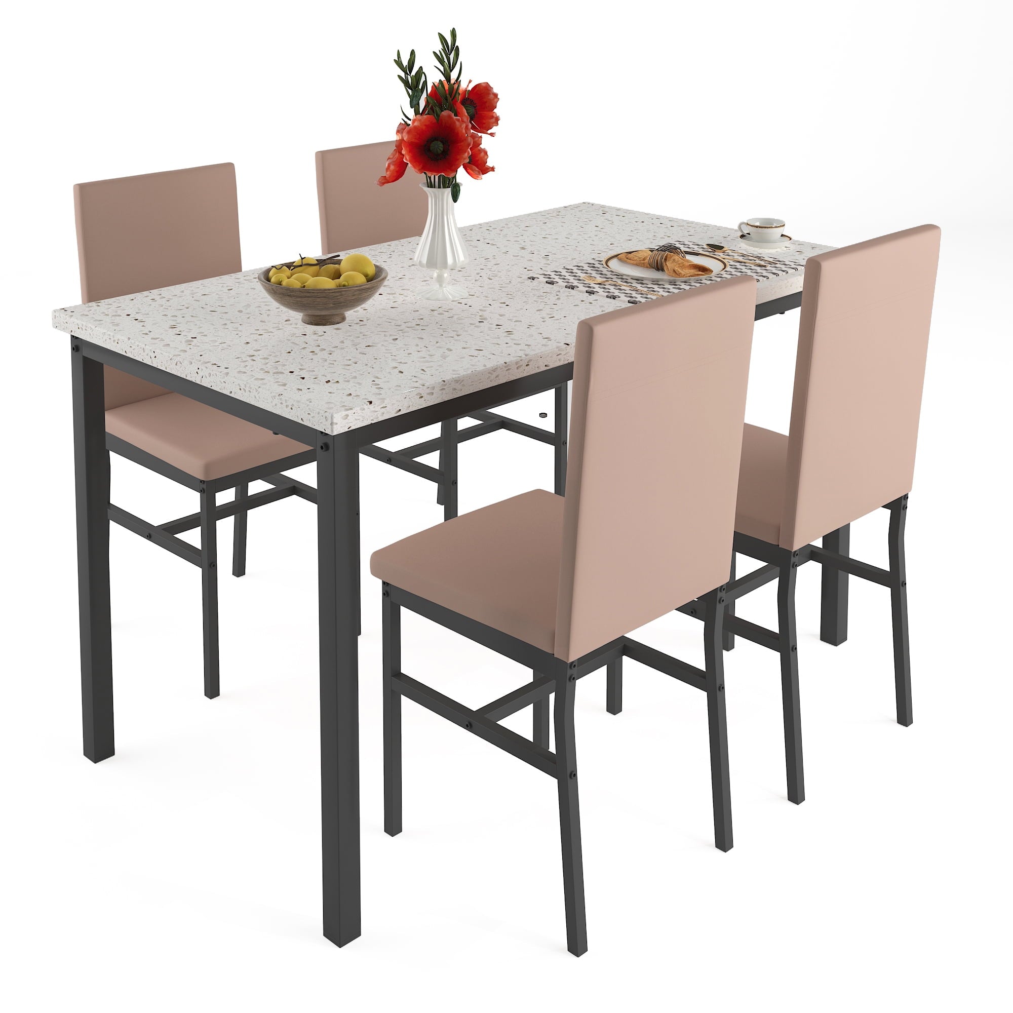 SYNGAR 5 Piece Dining Set, Modern Dining Table and Chairs Set for 4, Kitchen Dining Table Set with Faux Marble Tabletop & 4 Upholstered Chairs, for Small Space, Breakfast Nook, D9224