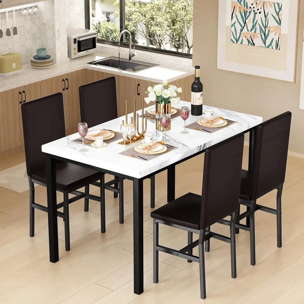 MOOSENG Dining Table Set for 4, Faux Marble Kitchen Table and Chairs Set of 4, 5-Piece Dining Room Set with PU Leather Upholstered Chairs for Small Space, Gray