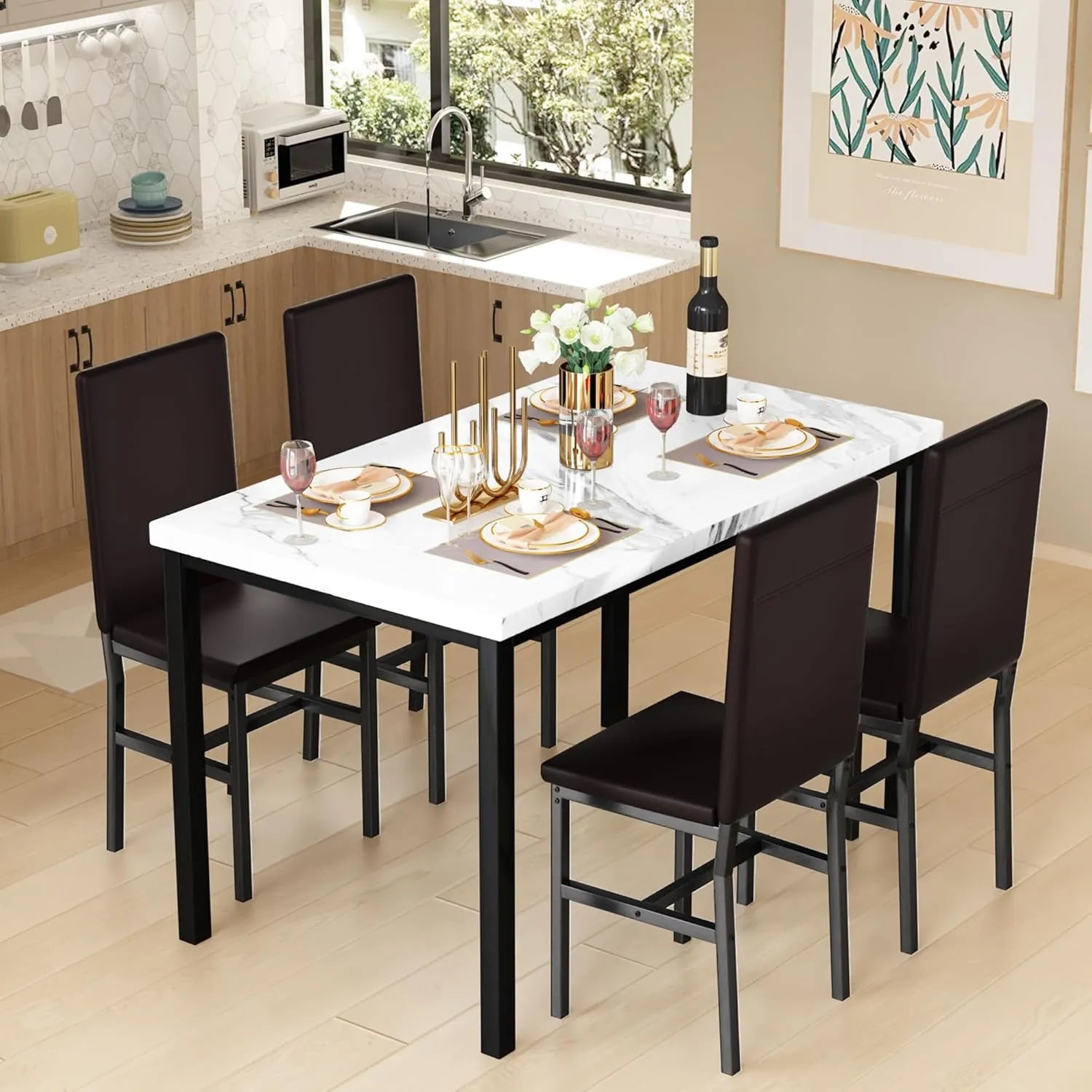 MOOSENG Dining Table Set for 4, Faux Marble Kitchen Table and Chairs Set of 4, 5-Piece Dining Room Set with PU Leather Upholstered Chairs for Small Space, Gray