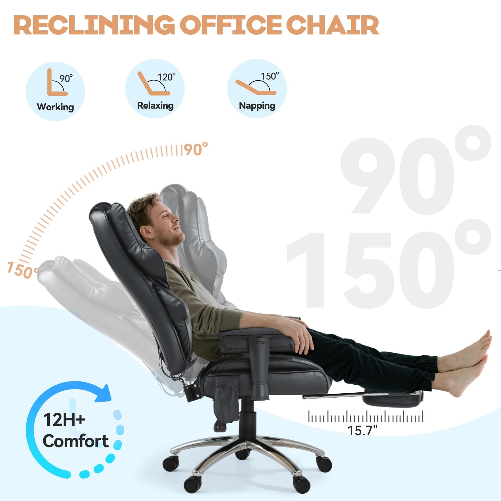 Massage & Heated Office Chair with Foot Rest, Ergonomic Executive Office Chair with Reclining Backrest, Adjustable Arms and Lumbar Support, High Back Leather Desk Chairs for Home Office, Beige