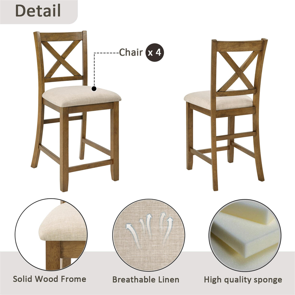 SESSLIFE Dining Table Set for 4, Counter Height Kitchen Table Set with Square Table and 4 Upholstered Chairs, Solid Wood Dining Room Set for 4, Space-Saving, Black & Oak