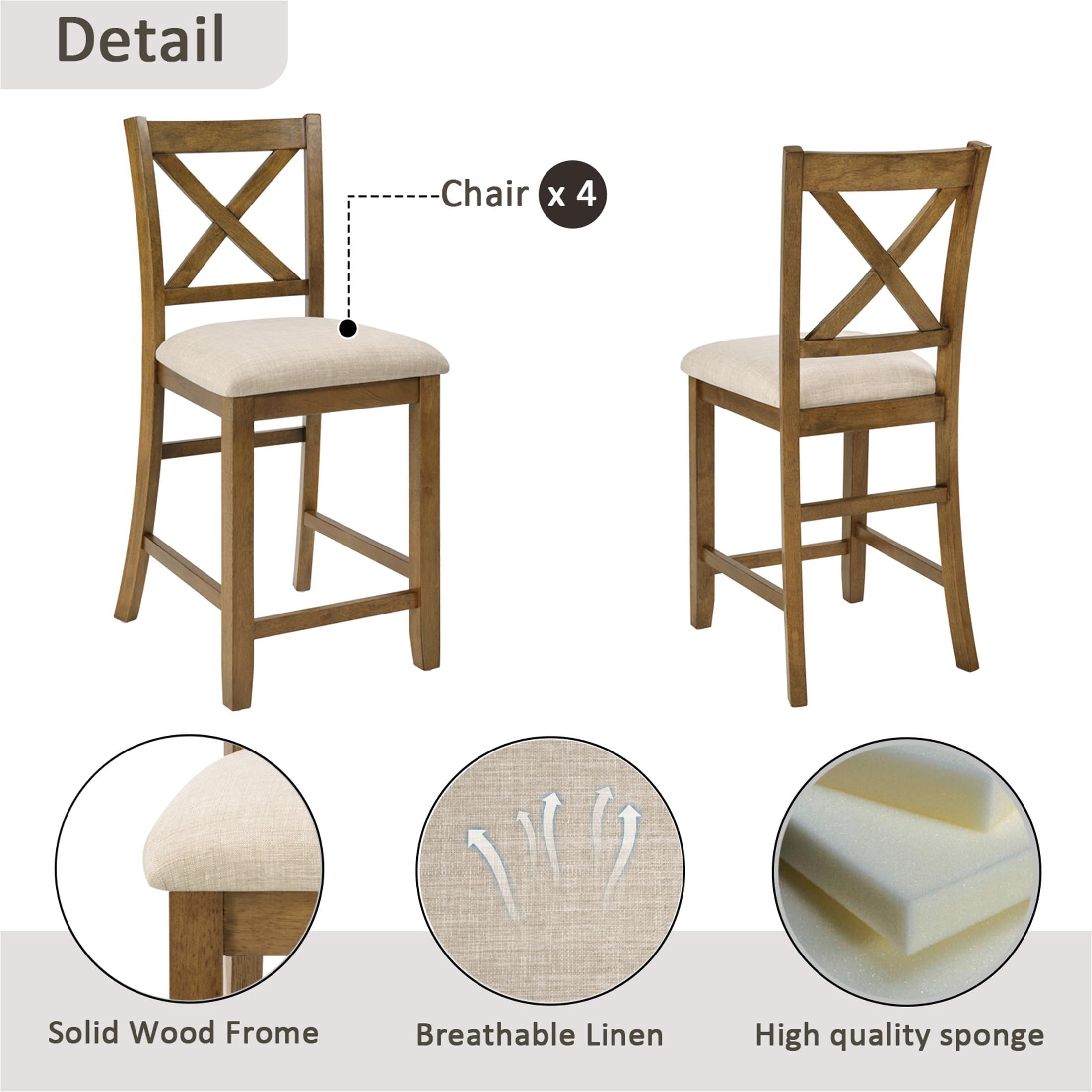 SESSLIFE Dining Table Set for 4, Counter Height Kitchen Table Set with Square Table and 4 Upholstered Chairs, Solid Wood Dining Room Set for 4, Space-Saving, Black & Oak