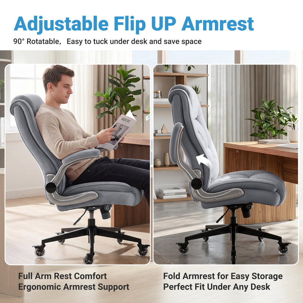 Ergonomic Home Office Chair with Locking Wheels, High-back Desk Chair with Thick Padded Flip-up Armrest, Comfy Executive Chair with Adjustable Lumbar Support for Home & Office & Work