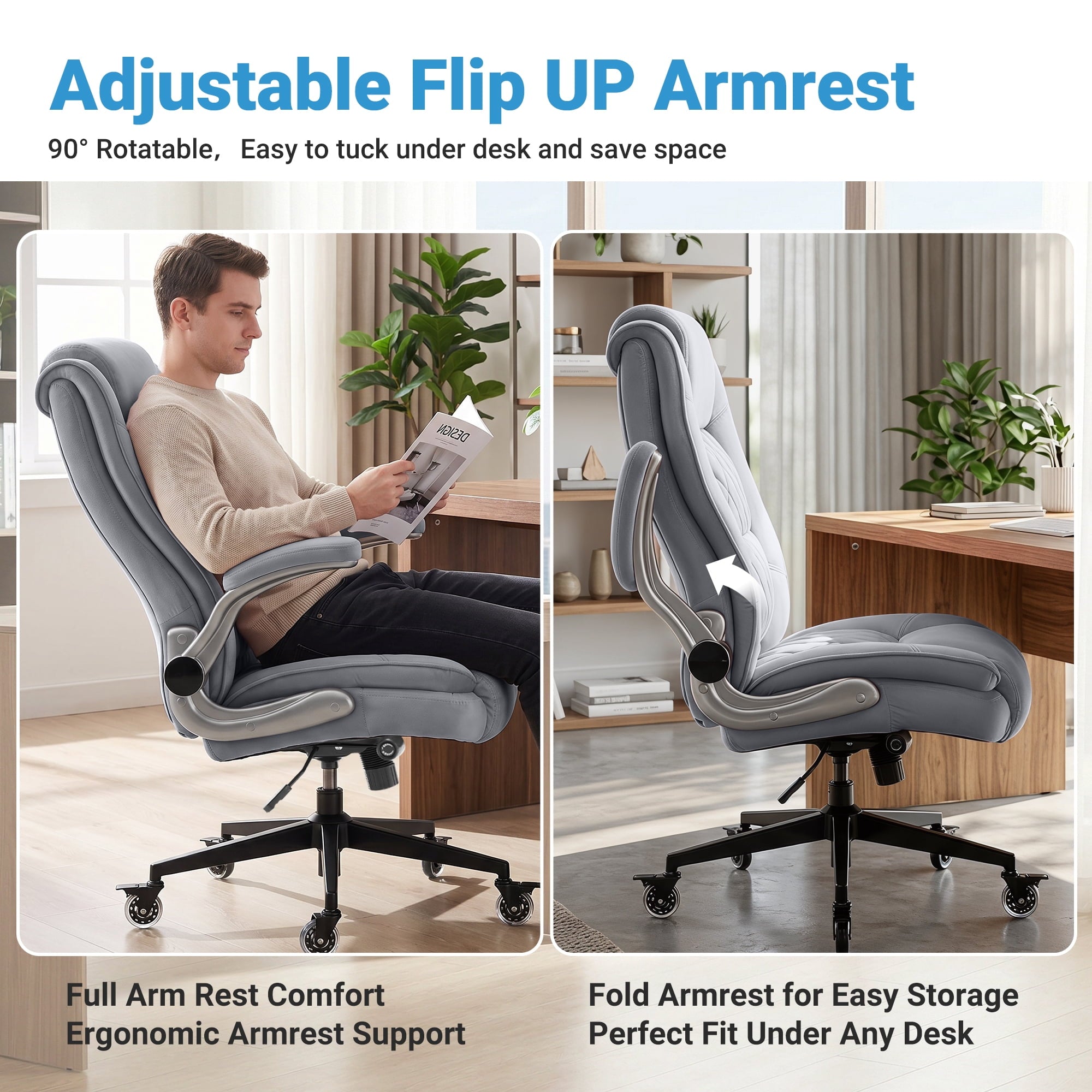 Ergonomic Home Office Chair with Locking Wheels, High-back Desk Chair with Thick Padded Flip-up Armrest, Comfy Executive Chair with Adjustable Lumbar Support for Home & Office & Work
