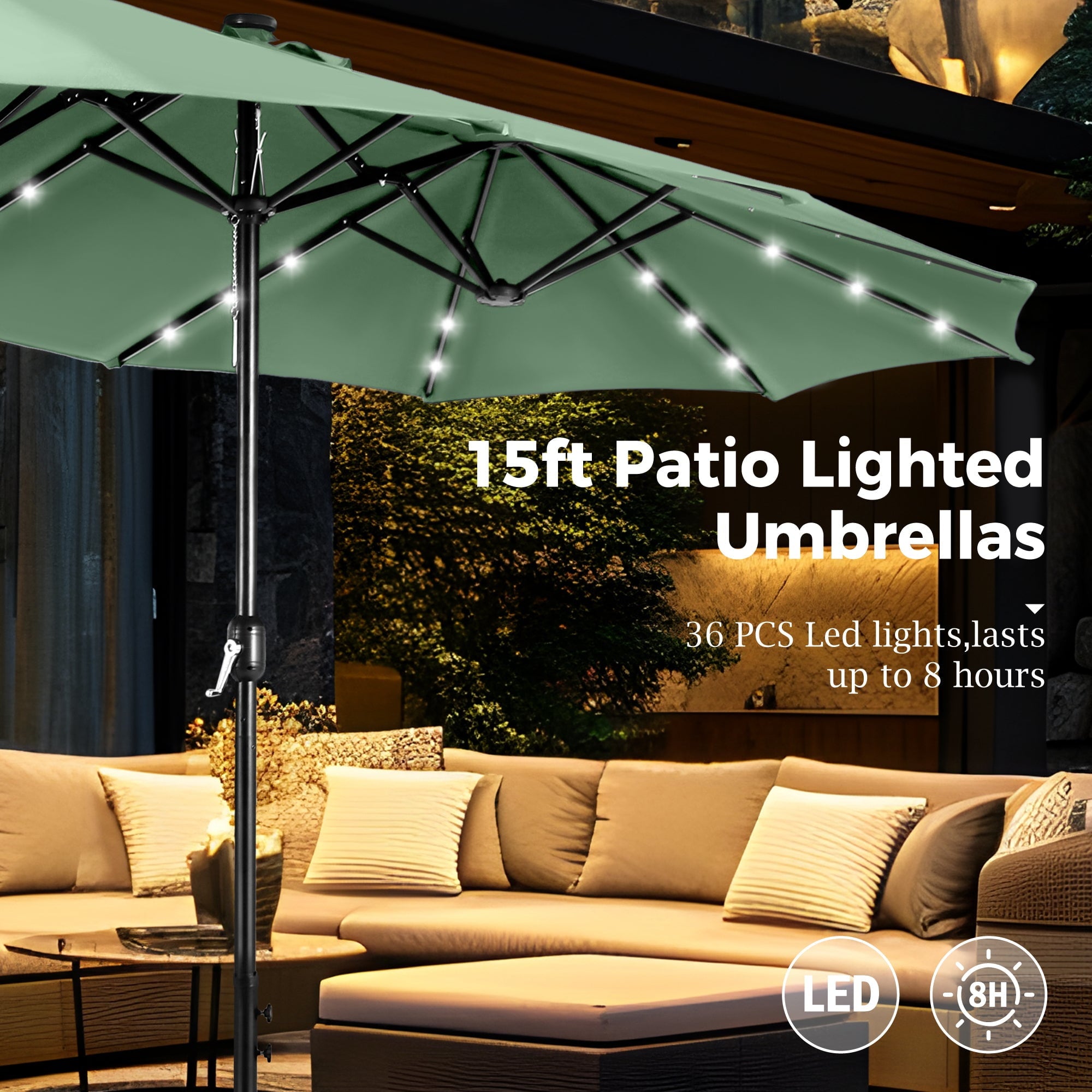 Alpha Joy 15ft Extra Large Outdoor Patio Double-Sided Umbrella with LED Solar Lights & Umbrella Base, Beige