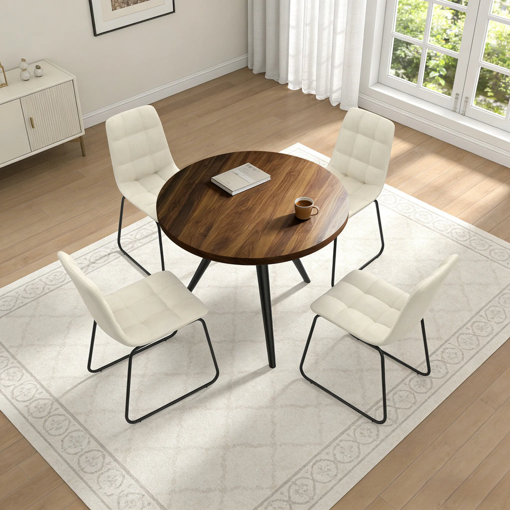 34.8 Round Dining Table Set for 4,5 Piece Mid-Century Modern Dining Set with 4 Upholstered Dining Chairs,Leisure Coffee Table for Kitchen Dining Room, Save Space