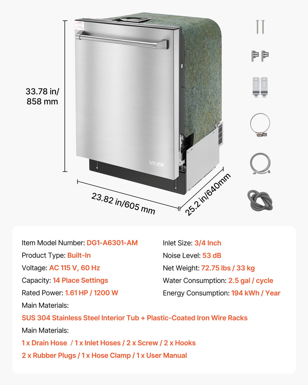 VEVOR 24 Inch Built-In Dishwasher, Stainless Steel Tub, 14 Place Settings and 8 Washing Programs, 23.82 x 25.2 x 33.78 Inch Low-Noise Dishwashing Machine with Upper / Lower Racks and Zoned Storage