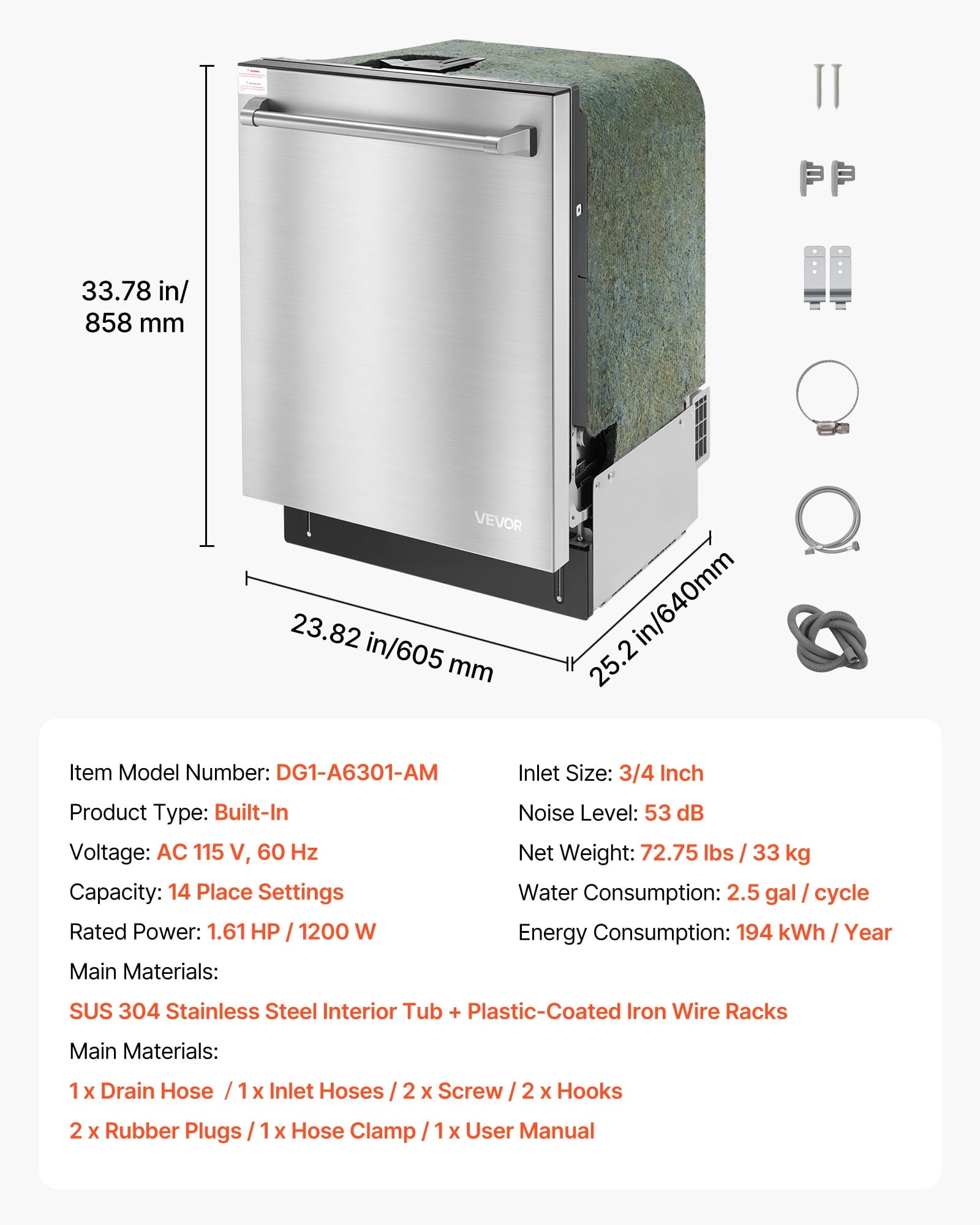 VEVOR 24 Inch Built-In Dishwasher, Stainless Steel Tub, 14 Place Settings and 8 Washing Programs, 23.82 x 25.2 x 33.78 Inch Low-Noise Dishwashing Machine with Upper / Lower Racks and Zoned Storage