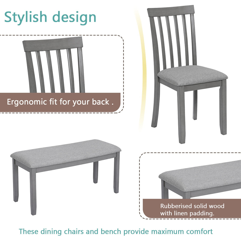 Dining Room Set, LEGAHOME 6 Piece Dining Sets with Bench and Chairs, Solid Wood Kitchen Dining Table Set for 6 with Upholstered Chairs, Gray
