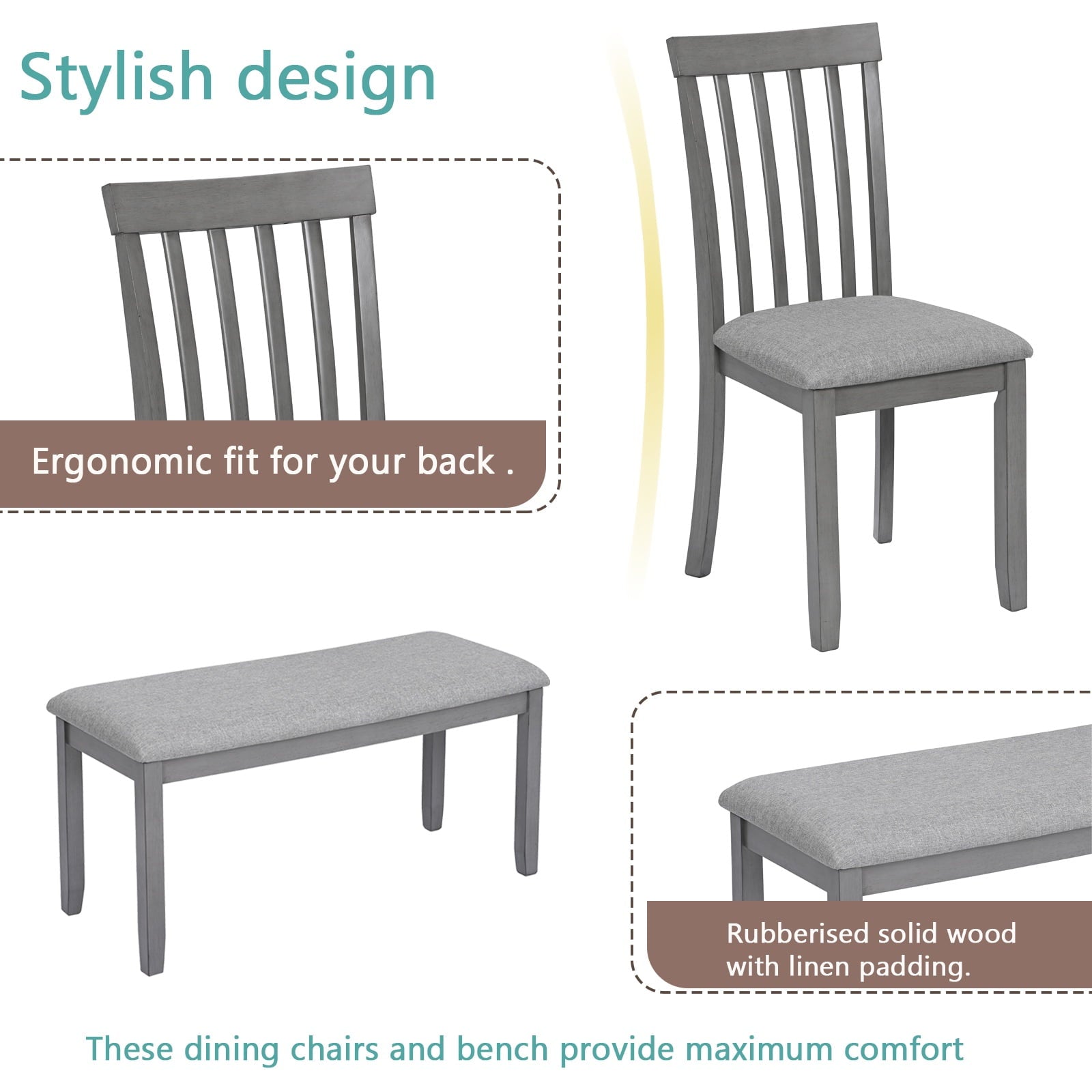 Dining Room Set, LEGAHOME 6 Piece Dining Sets with Bench and Chairs, Solid Wood Kitchen Dining Table Set for 6 with Upholstered Chairs, Gray
