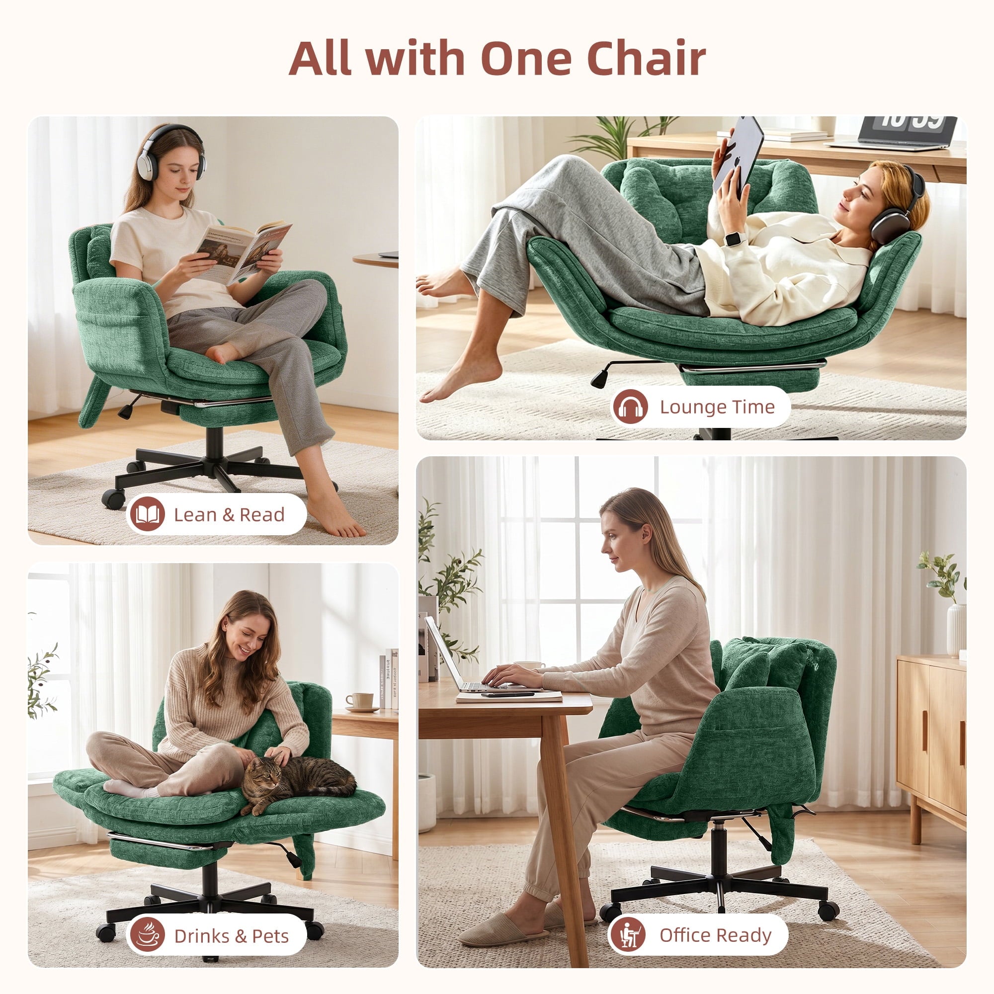 Hforesty Cross Legged Office Chair, Inflatable Flip-up Back & Wide Seat, 5-Position Armrests & Footrest, Ergonomic Task Chair for Home Office, Gray