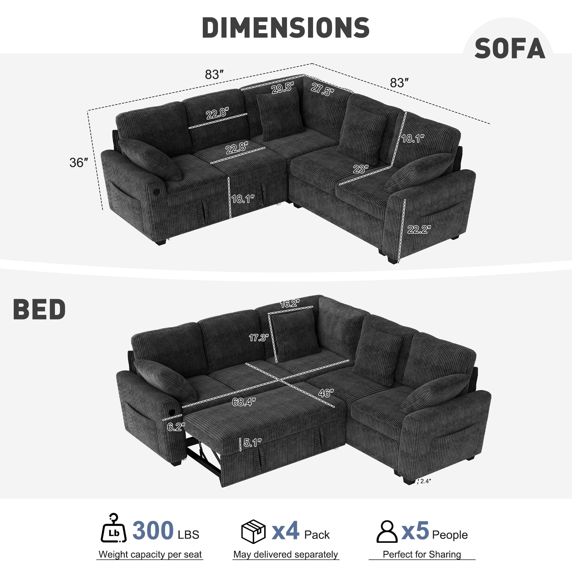BedLuxury 83 Sectional Sleeper Sofa With Pull Out Bed, Storage Seat & USB Charging, L Shape Modern Couch for Living Room, Corduroy Gray