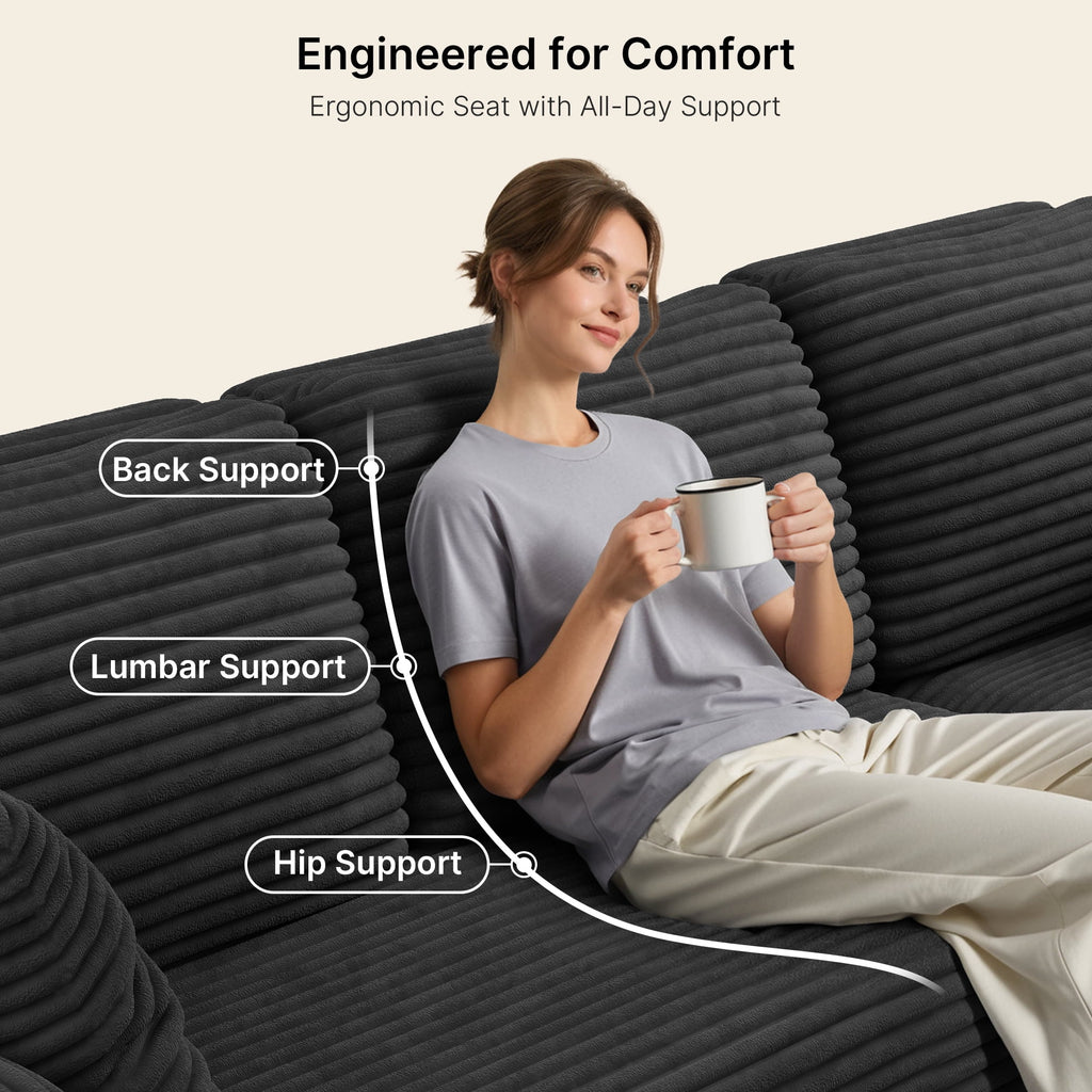 Sofa, Lofka 105 Free Assembly L-Shaped Sectional with Pet Friendly Corduroy Fabric, Black for Living Room/Apartment
