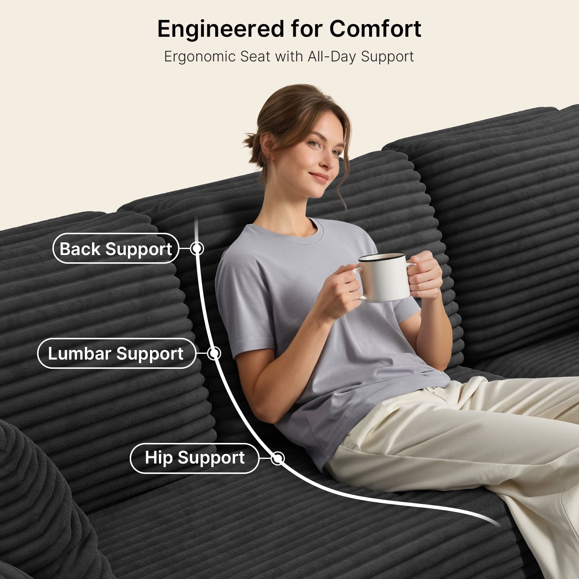 Sofa, Lofka 105 Free Assembly L-Shaped Sectional with Pet Friendly Corduroy Fabric, Black for Living Room/Apartment