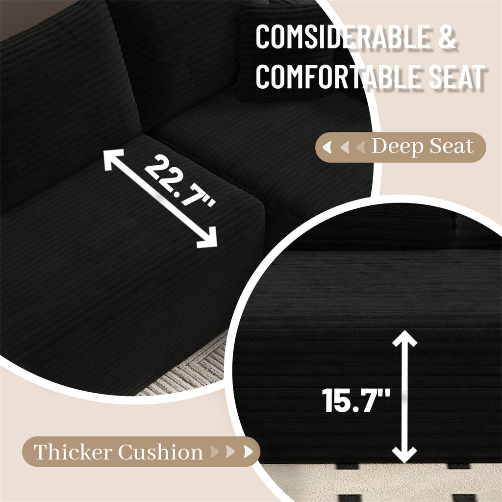 Aukfa 95 Cloud Sectional Sofa Deep Seat Boneless Couch Modular L-Shaped Couch, Left Chaise Corduroy Sofa for Living Room, Black