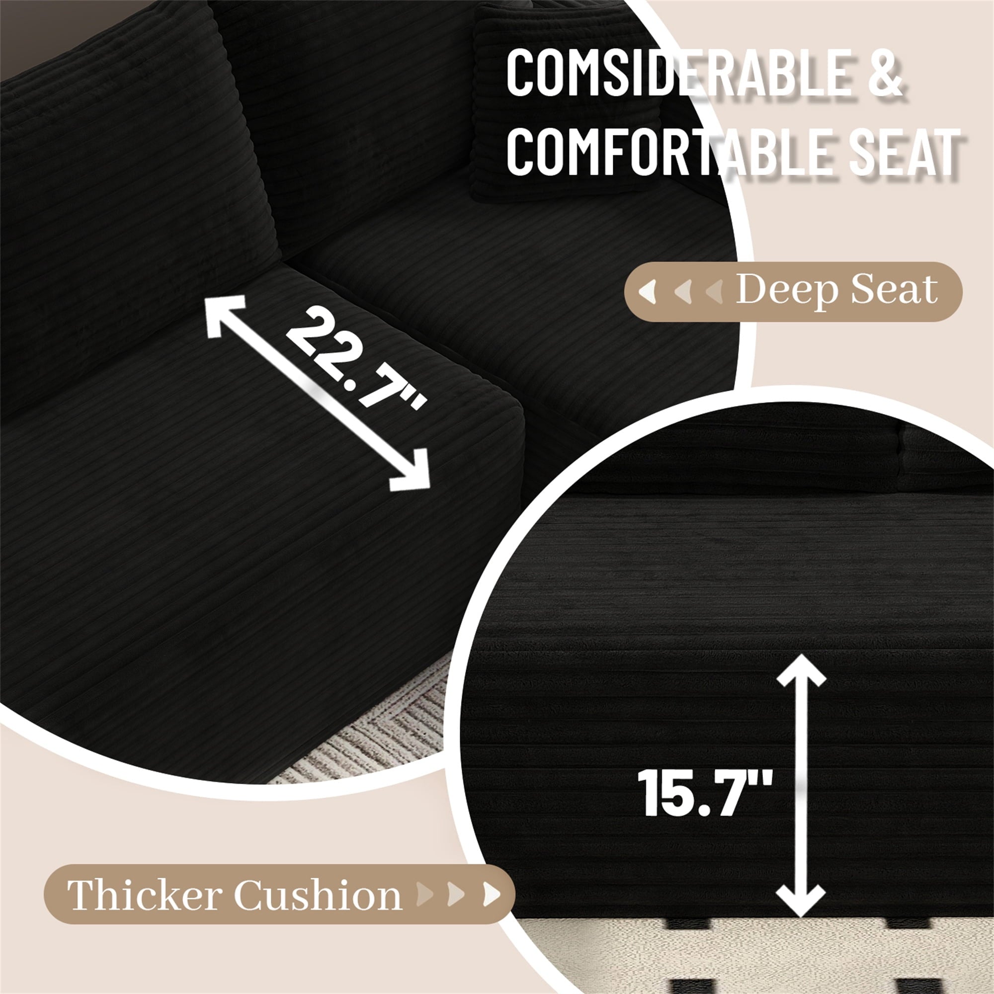 Aukfa 95 Cloud Sectional Sofa Deep Seat Boneless Couch Modular L-Shaped Couch, Left Chaise Corduroy Sofa for Living Room, Black