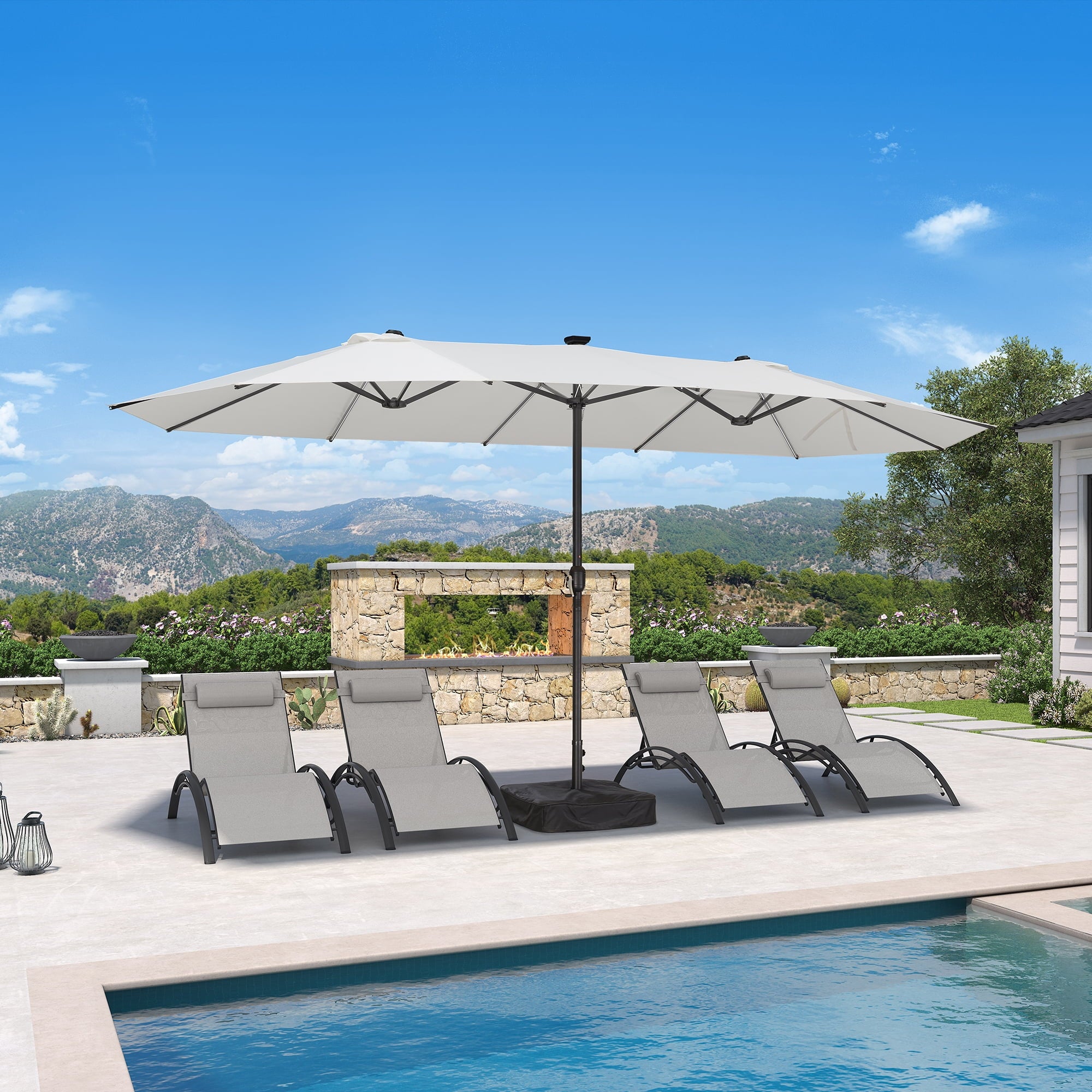 PURPLE LEAF 13ft Market Patio Umbrella with Solar LED and Base Double-Sided Sun Umbrellas for Pool Beach Deck Backyard Taupe