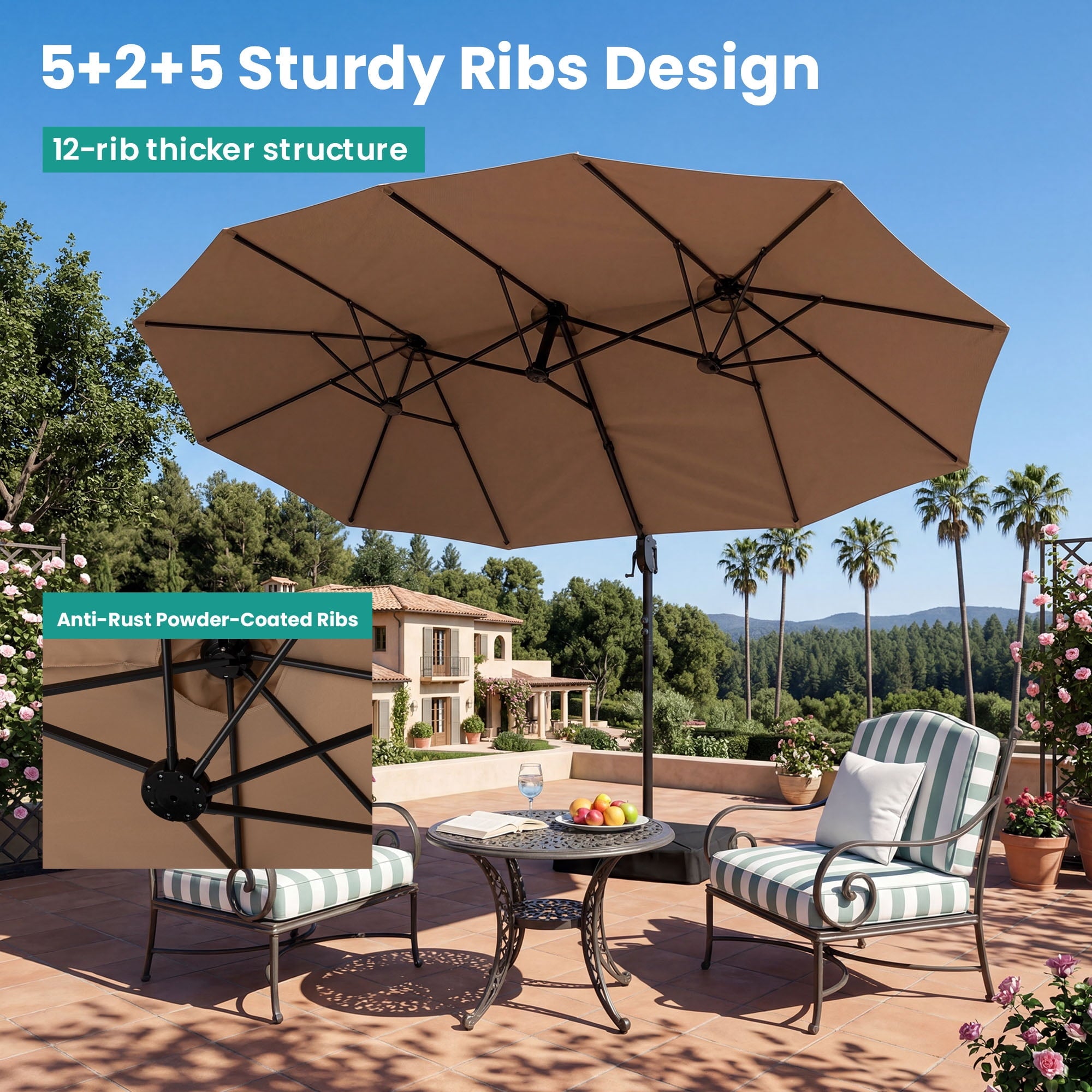 MOALCOFER 15 x 9 FT Double Sided Patio Umbrella with Base Included, Outdoor Rectangular Market Umbrella with Crank Lift, 12 Reinforced Ribs， Khaki
