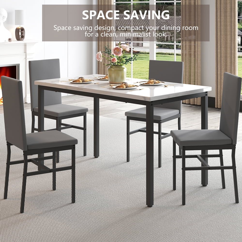 5 Piece Dining Table Set, Modern Faux Marble Tabletop and 4 PU Leather Upholstered Chairs, Rectangle Kitchen Table and Chairs for 4 Persons, Small Dining Set for Bar Dining Room Breakfast Nook