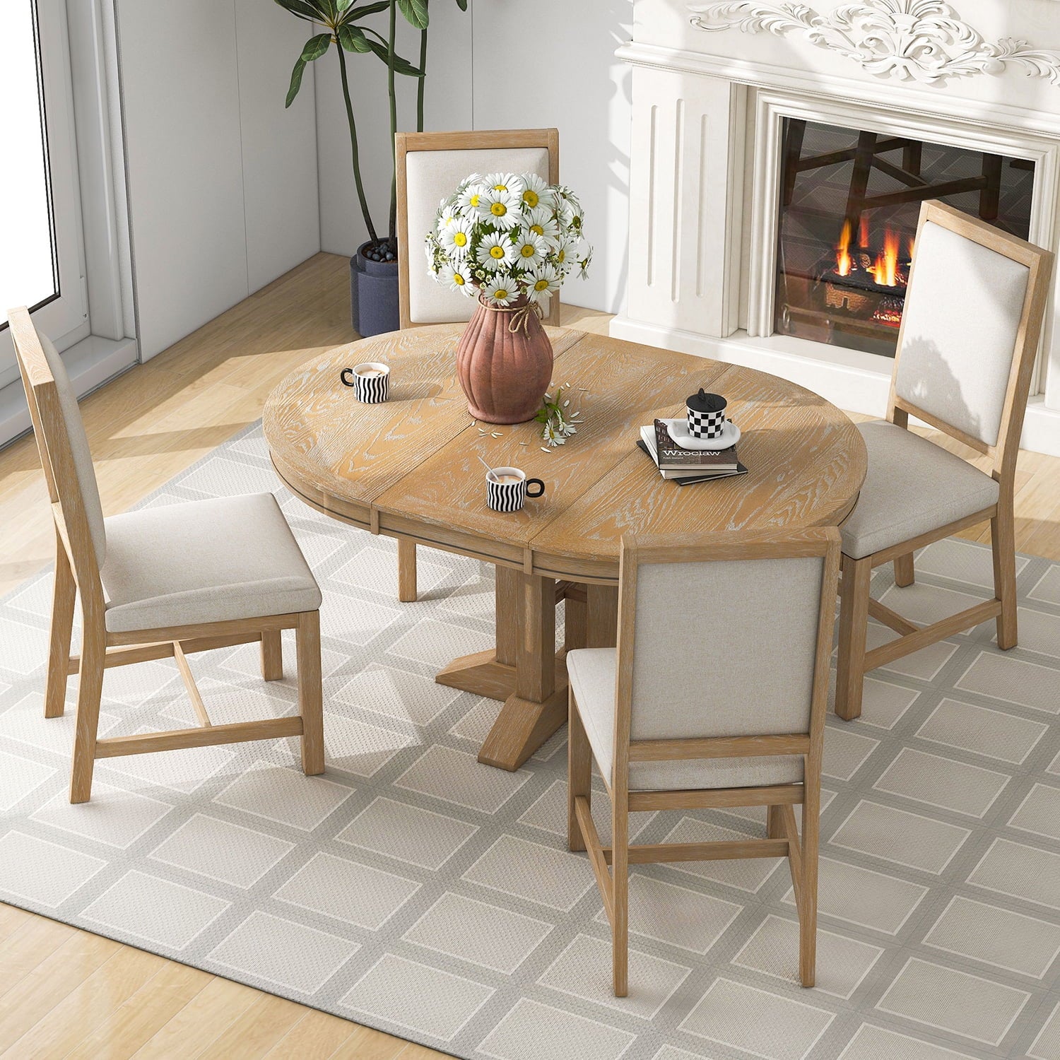 Harper & Bright Designs Farmhouse 5 Piece Kitchen Dining Table Set for 4, Solid Wood Extendable Round Dining Table Set and 4 Upholstered Chairs, Retro Dining Set for Kitchen, Natural Wood Wash