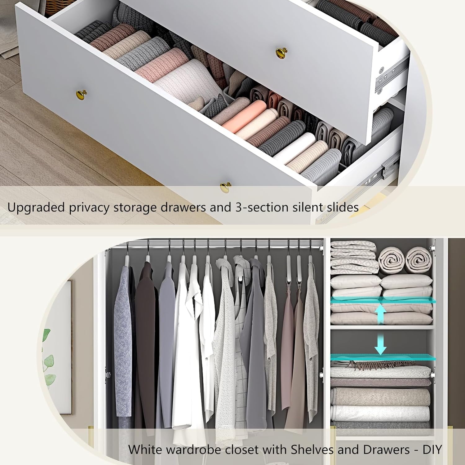 Blotout 70 Armoire Wardrobe Closet with Mirror, LED Wardrobe Armoire with 2 Drawers, 3 Door Wood Armoire Storage with Hanging Rods and Multi-Layer Shelves